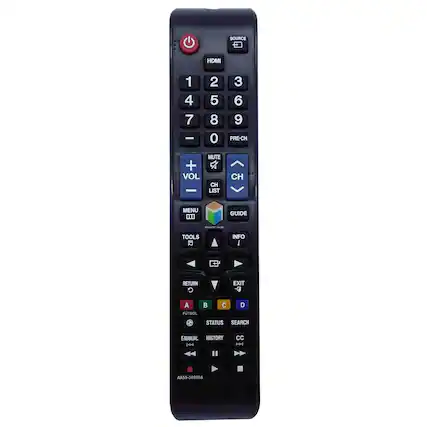 SOURCE HDMI 1 2 3 4 5 6 7 8 9 0 PRE-CH MUTE + VOL CH LIST CH MENU GUIDE TOOLS INFO RETURN EXIT A B C D STATUS SEARCH E-MANUAL HISTORY CC AA59-00809A