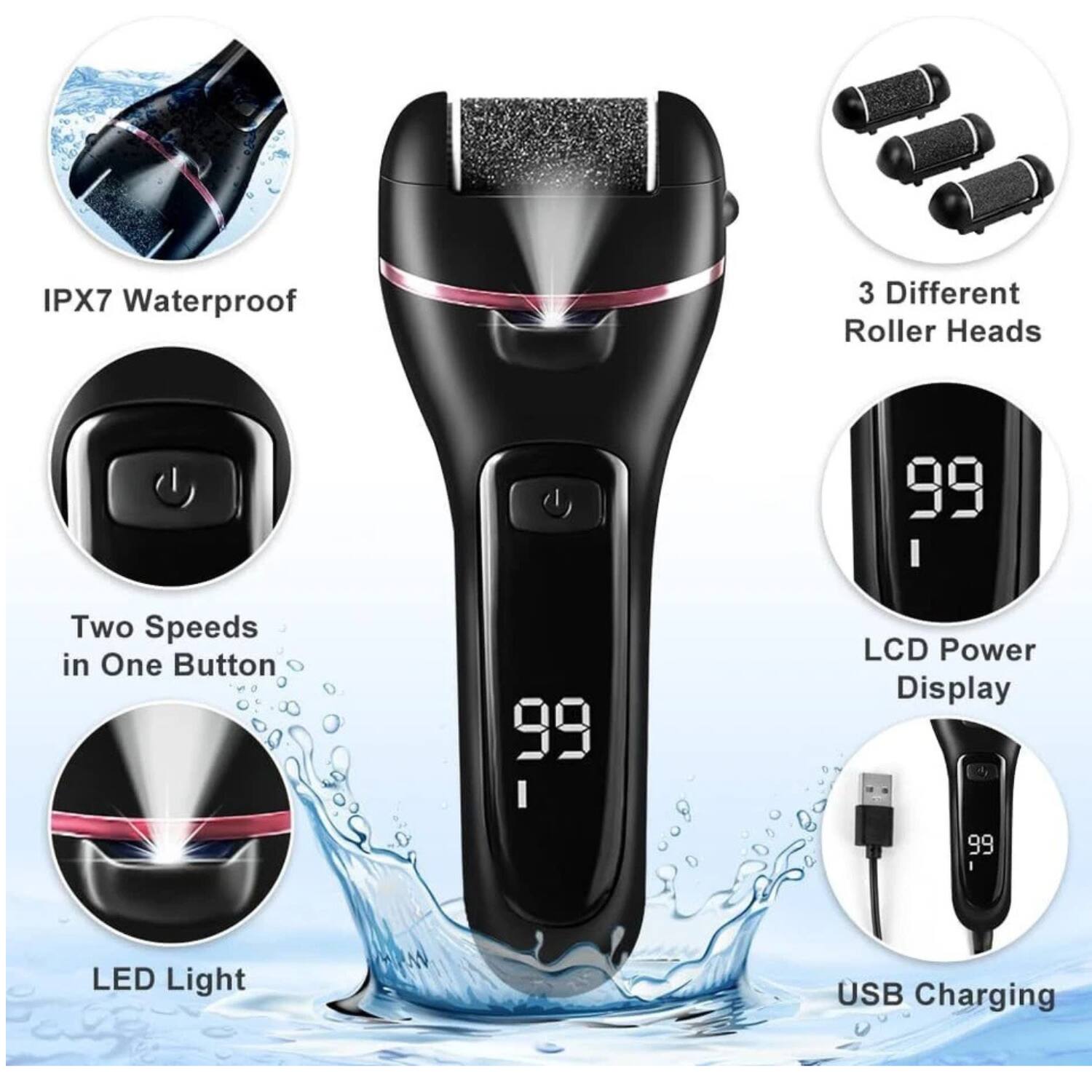 - IPX7 Waterproof
- 3 Different Roller Heads
- Two Speeds in One Button
- LCD Power Display
- LED Light
- USB Charging