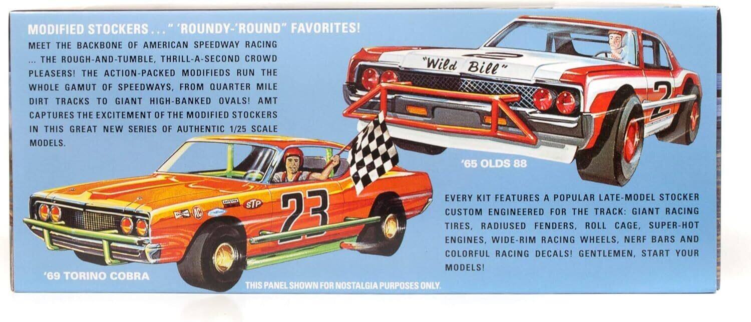 MODIFIED STOCKERS... "ROUNDY-'ROUND" FAVORITES!  
MEET THE BACKBONE OF AMERICAN SPEEDWAY RACING... THE ROUGH-AND-TUMBLE, THRILL-A-SECOND CROWD PLEASERS! THE ACTION-PACKED MODIFIEDS RUN THE WHOLE GAMUT OF SPEEDWAYS, FROM QUARTER MILE DIRT TRACKS TO GIANT HIGH-BANKED OVALS! AMT CAPTURES THE EXCITEMENT OF THE MODIFIED STOCKERS IN THIS GREAT NEW SERIES OF AUTHENTIC 1/25 SCALE MODELS.  

"Wild Bill"  
'65 OLDS 88  

'69 TORINO COBRA  

EVERY KIT FEATURES A POPULAR LATE-MODEL STOCKER CUSTOM ENGINEERED FOR THE TRACK: GIANT RACING TIRES, RADIUSED FENDERS, ROLL CAGE, SUPER-HOT RACING ENGINES, WIDE-RIM RACING WHEELS, NERF BARS AND COLORFUL RACING DECALS! GENTLEMEN, START YOUR MODELS!  

THIS PANEL SHOWN FOR NOSTALGIA PURPOSES ONLY.