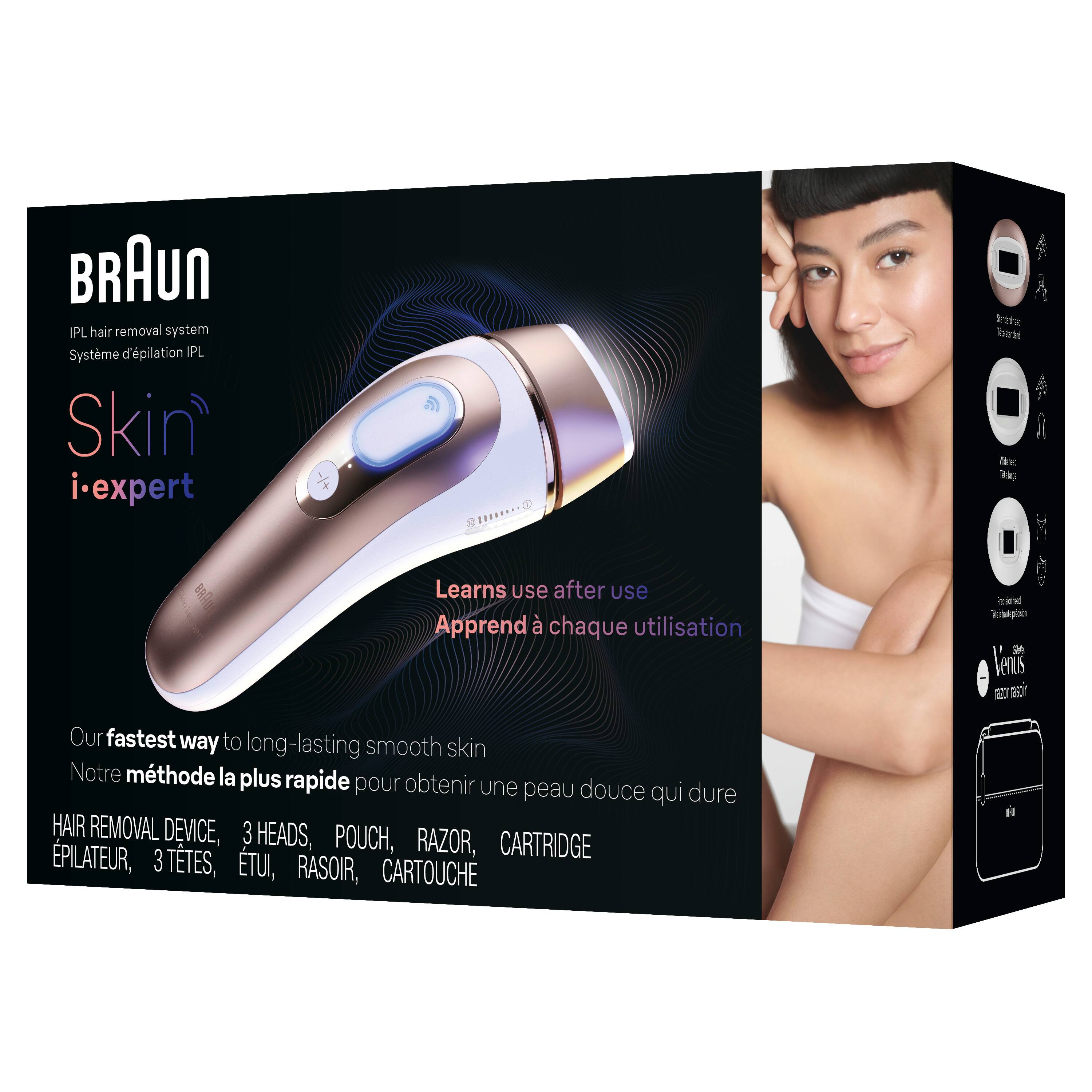 Braun IPL hair removal system Skin i-expert Learns use after use Apprend chaque utilisation heeded Wrot Tond: hhep Perorial hoca H Venis t a Our fastest way to long-lasting smooth skin Notre mthode la plus rapide pour obtenir une peau douce qui dure HAIR REMOVAL DEVICE, 3 HEADS, POUCH, RAZOR, CARTRIDGE PILATEUR, 3 TTES, TUI, RASOIR, CARTOUCHE e