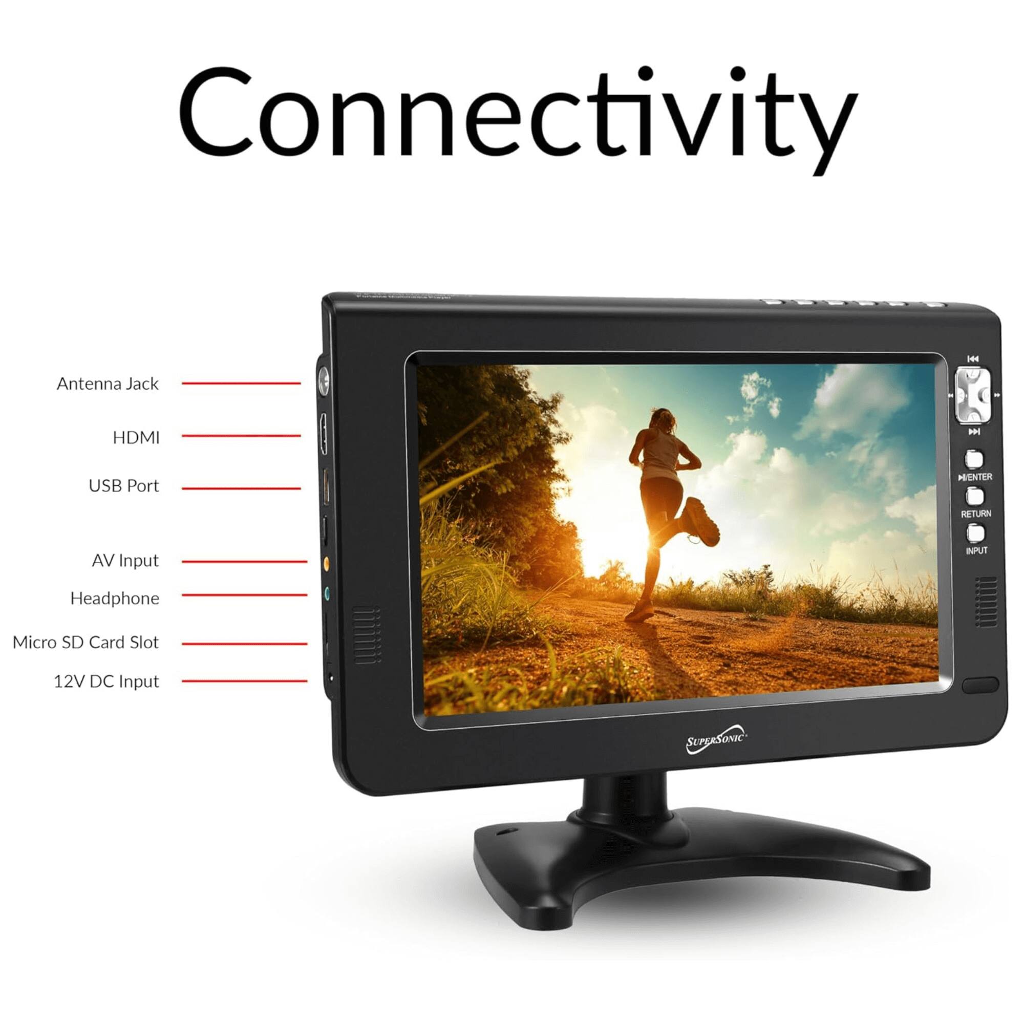 Connectivity

- Antenna Jack
- HDMI
- USB Port
- AV Input
- Headphone
- Micro SD Card Slot
- 12V DC Input