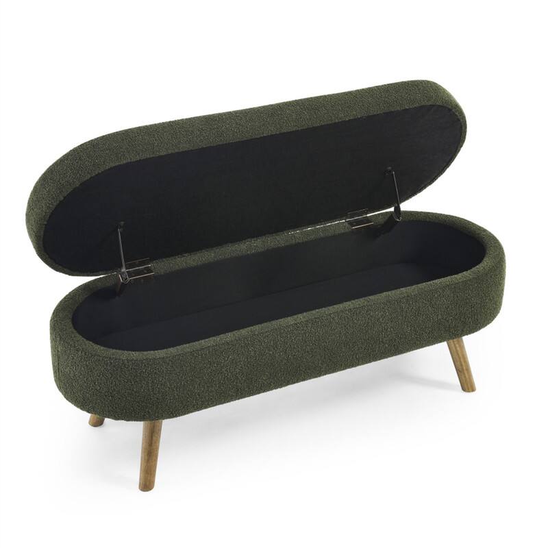 Angle. HTUTWOO - 43.5" Ottoman Storage Bench - Oval Upholstered Linen Fabric Footrest Bench with Wood Legs, End of Bed for Living Room - Green.