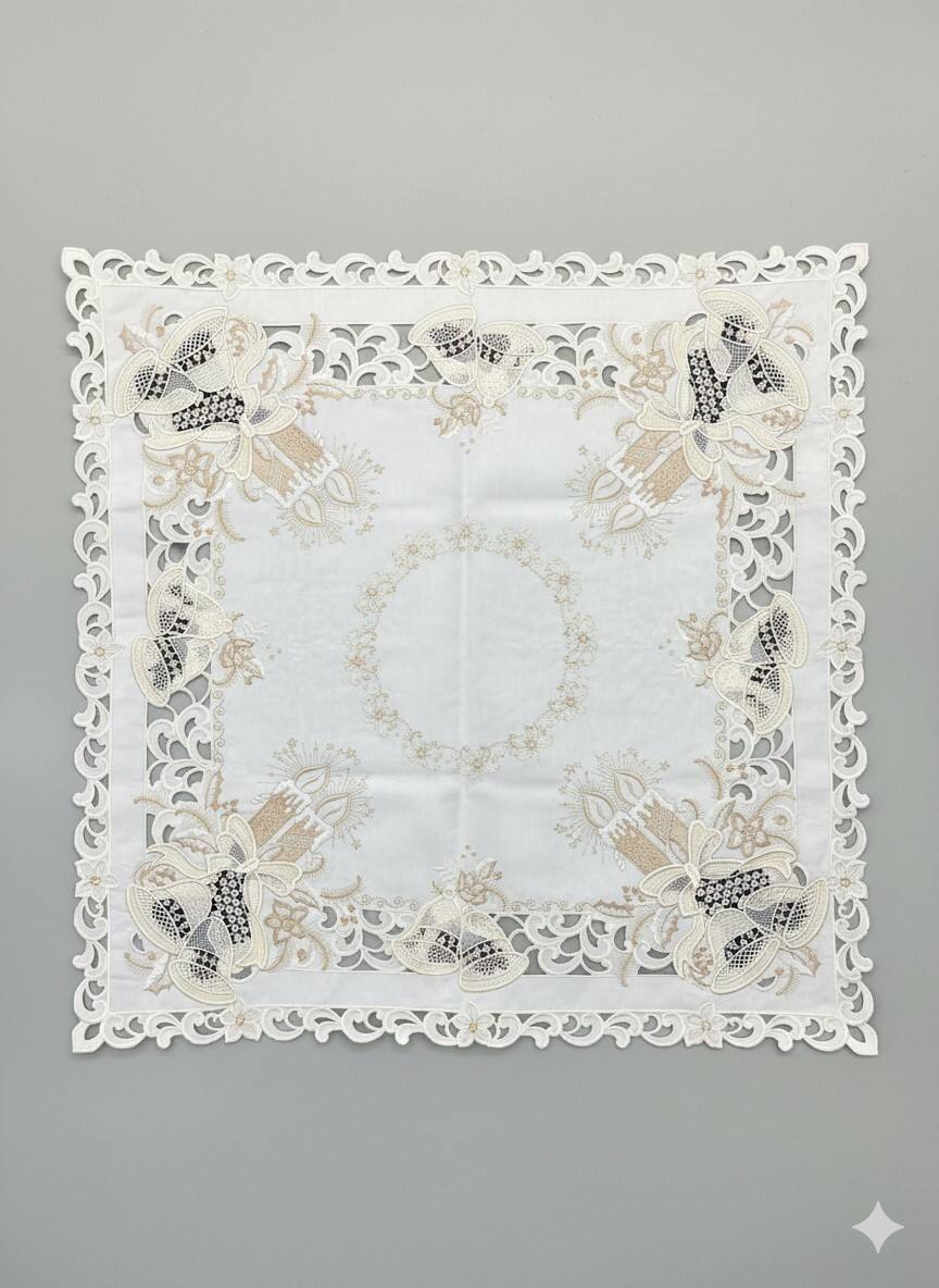Angle. Jiallo - Christmas Candle Beige Lace Embroidered Cutwork Square tablecloth, 36 inch Square Table Linen - Beige.