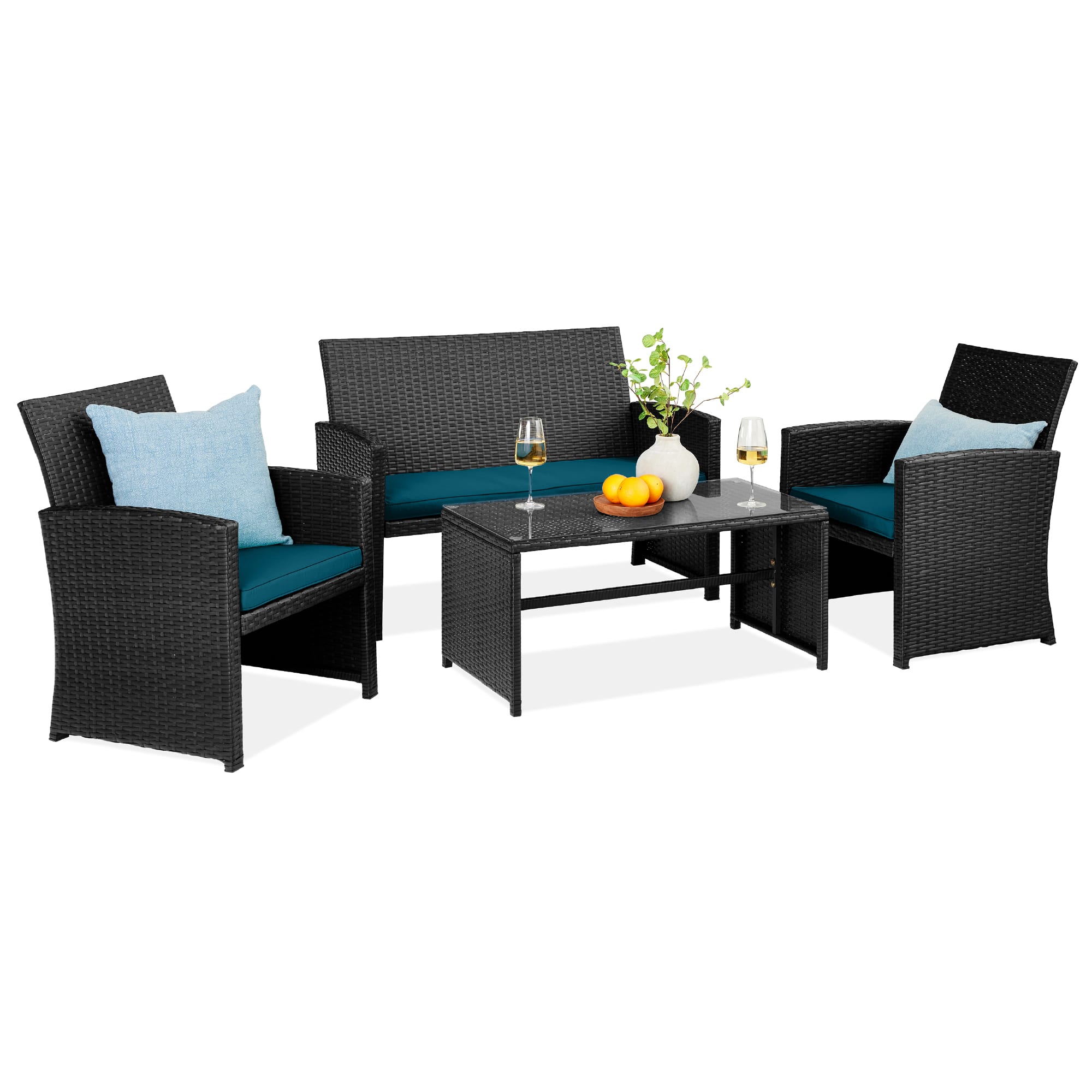 Front. Best Choice Products - Best Choice Products 4-Piece Outdoor Wicker Patio Conversation Furniture Set w/ Table, Cushions - Black/Peacock - Black/Peacock.