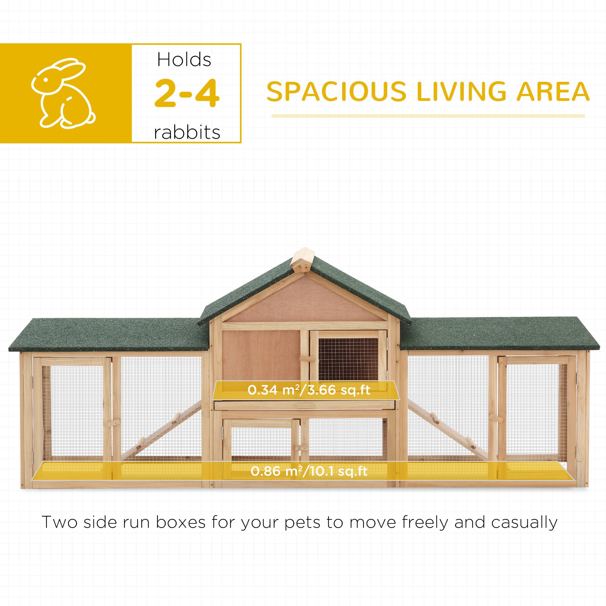 Holds 2-4 rabbits

SPACIOUS LIVING AREA

0.34 m² / 3.66 sq.ft

0.86 m² / 10.1 sq.ft

Two side run boxes for your pets to move freely and casually