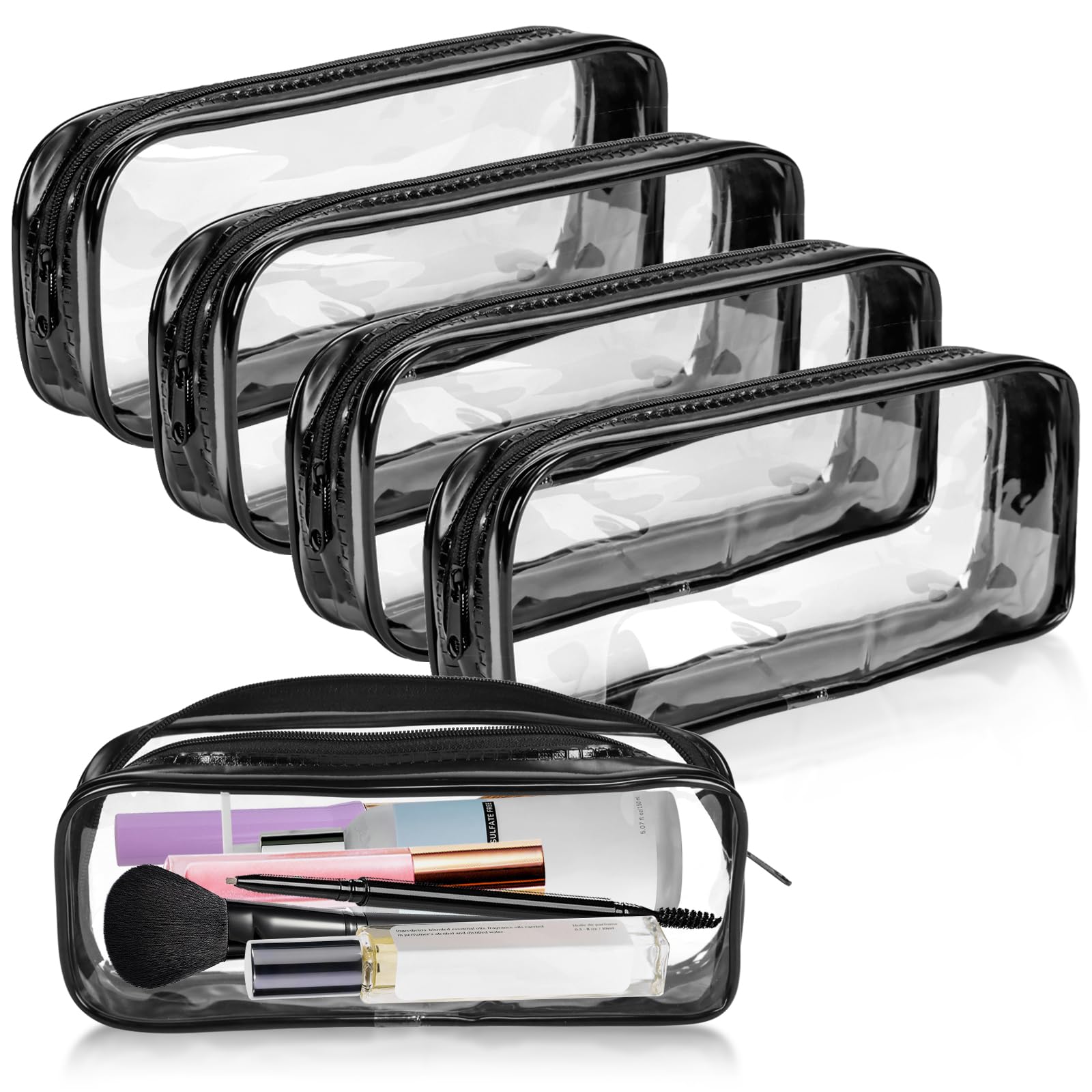 Front. Dapper Styles - Pvc Zipper Pencil Pouch Pen Case Makeup Capacity Bag For Office Stationery Travel Storage - Black.