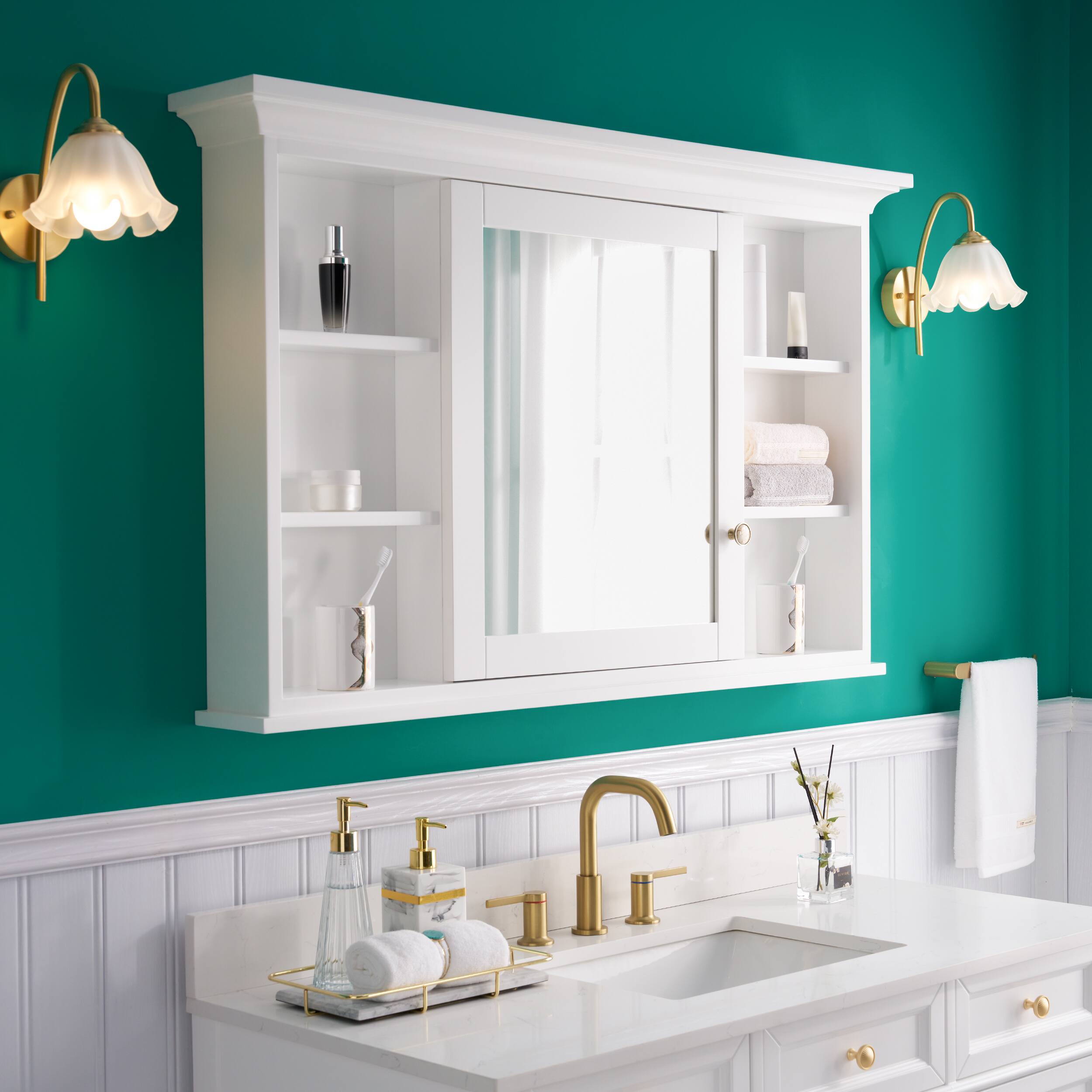 Back. WELLFOR - 48 in. W x 30 in. H Rectangular Solid Wood Medicine Cabinet with Mirror with Single Door - White.