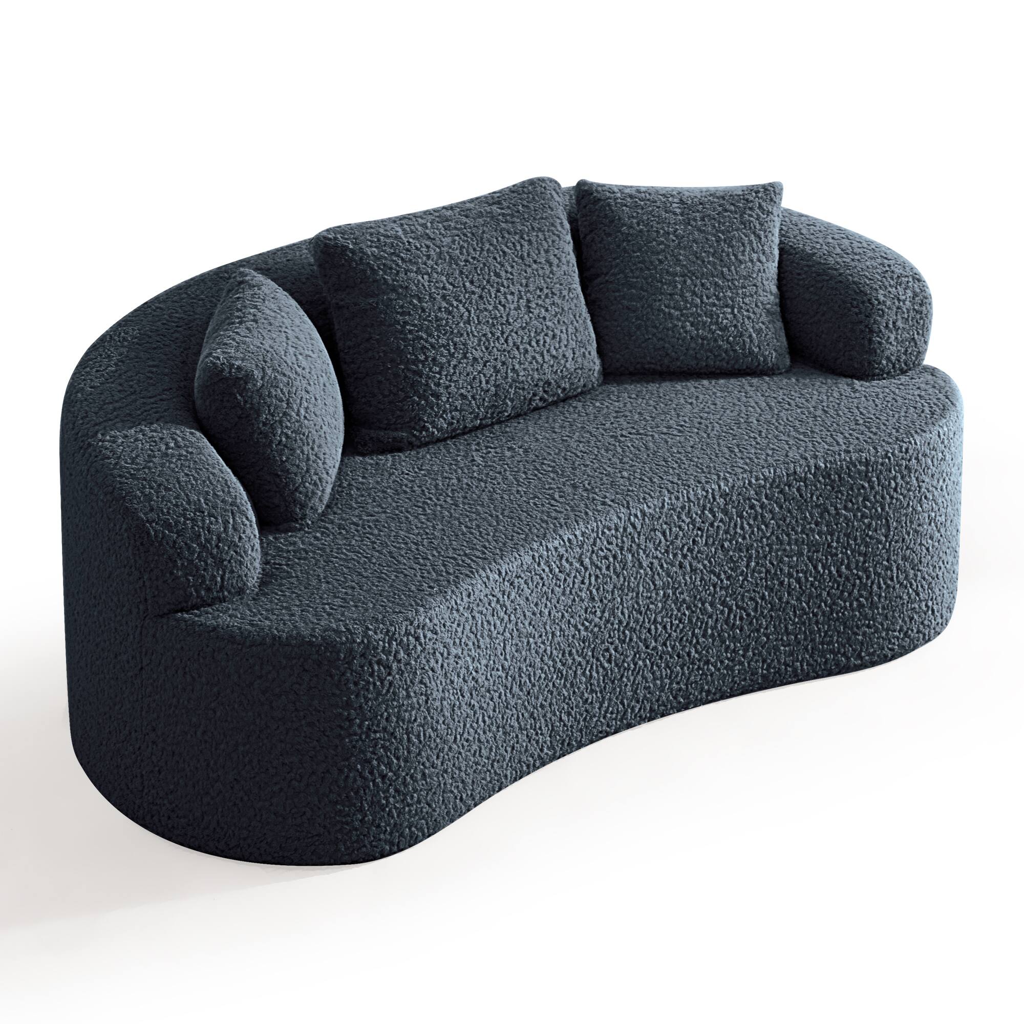 Left. Brick Attic - 65'' Luxury Modern Curved Sofa with 3 Pillows- Teddy Fabric Curved Back Couch for Small Living Rooms Apartments Office - Navy Blue.
