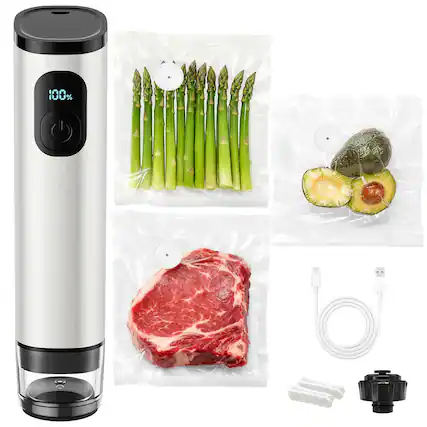 Front. Gvode - GVODE Metal Handheld Vacuum Sealer: 60kPa Cordless Food Sealer with 1500mAh Battery, 30 Reusable Bags & Wine Stopper - silver.