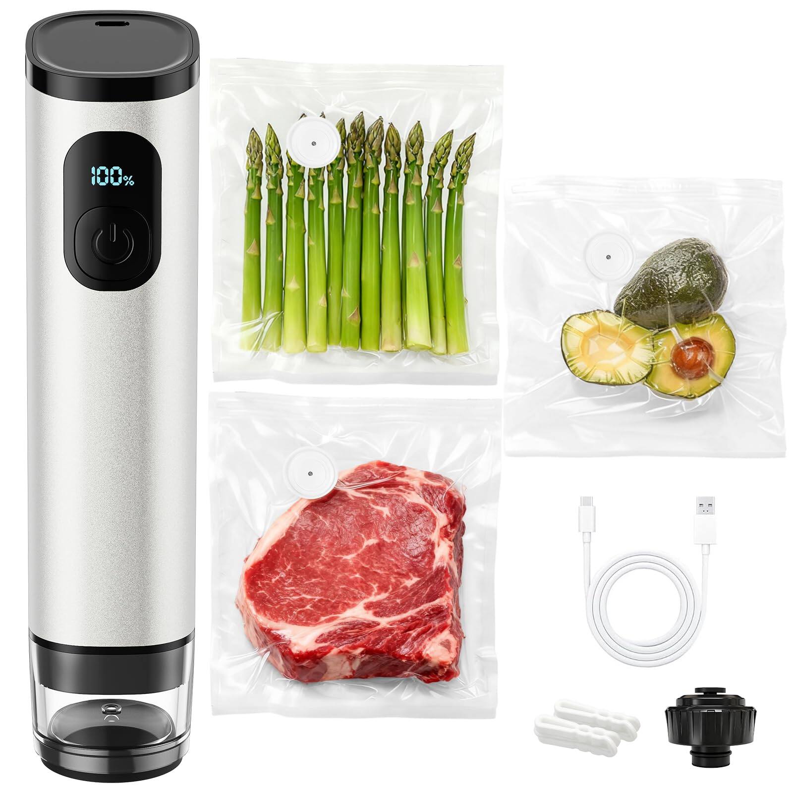 Front. Gvode - GVODE Metal Handheld Vacuum Sealer: 60kPa Cordless Food Sealer with 1500mAh Battery, 30 Reusable Bags & Wine Stopper - silver.