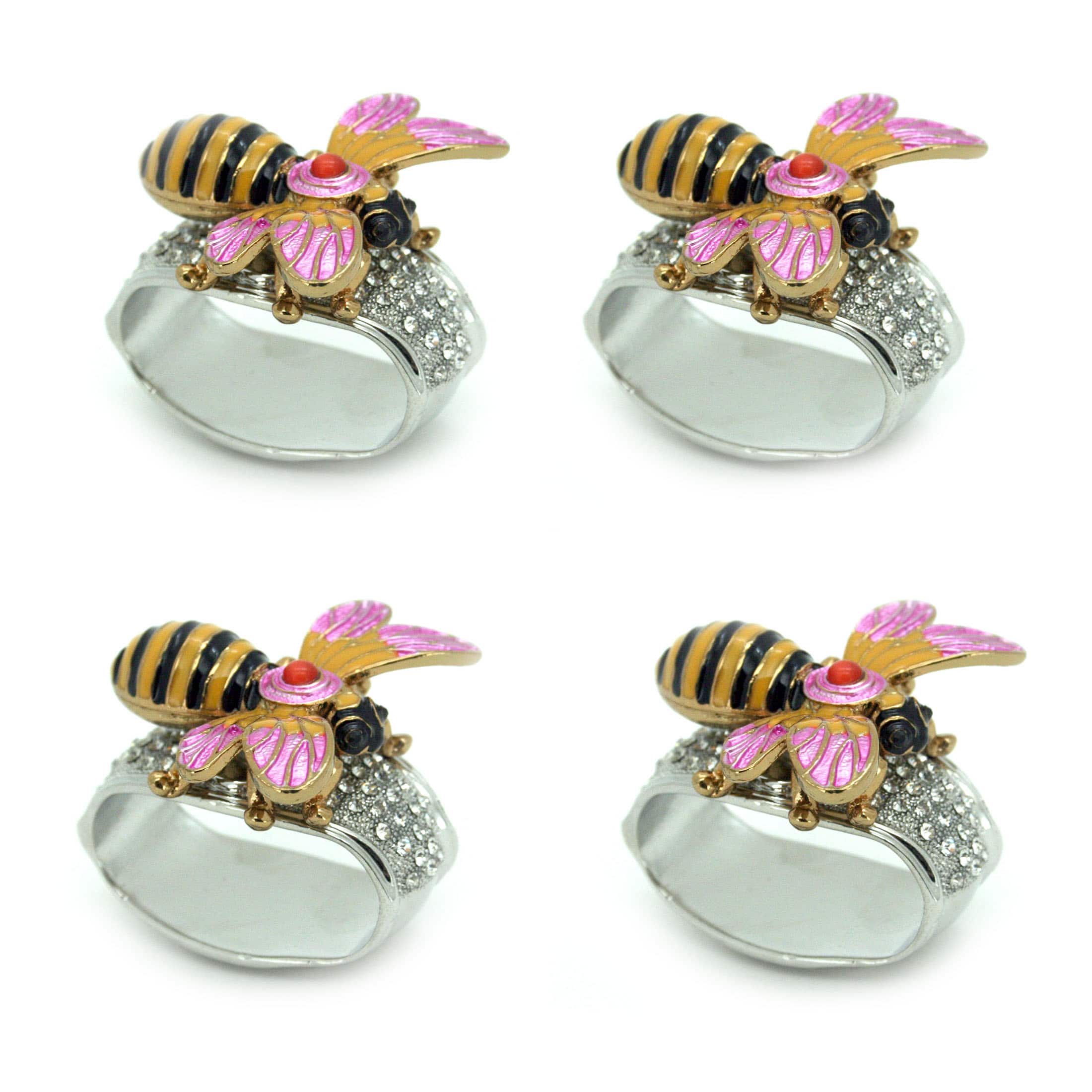 Things2Die4 - Set of 4 Rhinestone Encrusted Metal Bumblebee Napkin Rings - Yellow
