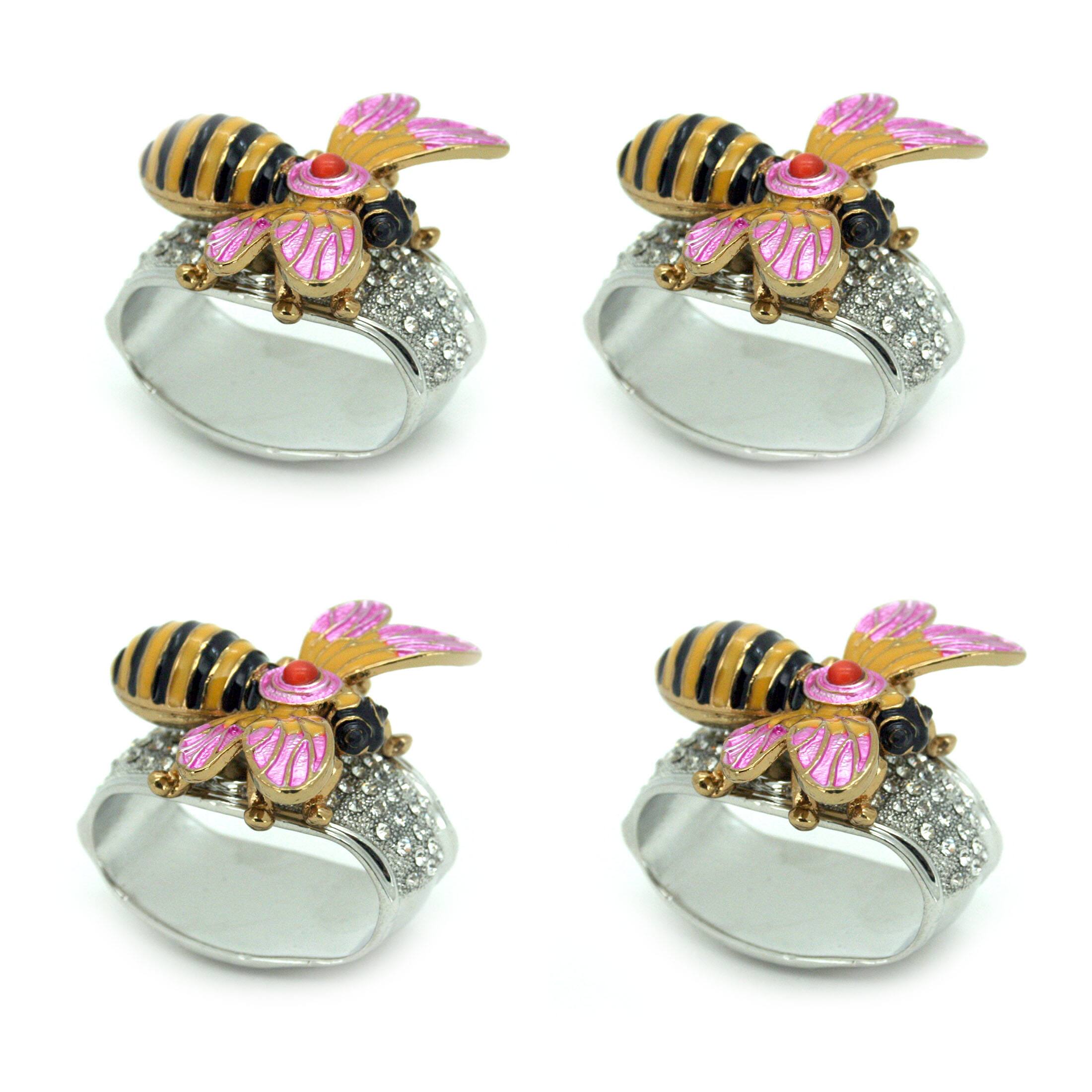 Front. Things2Die4 - Set of 4 Rhinestone Encrusted Metal Bumblebee Napkin Rings - Yellow.