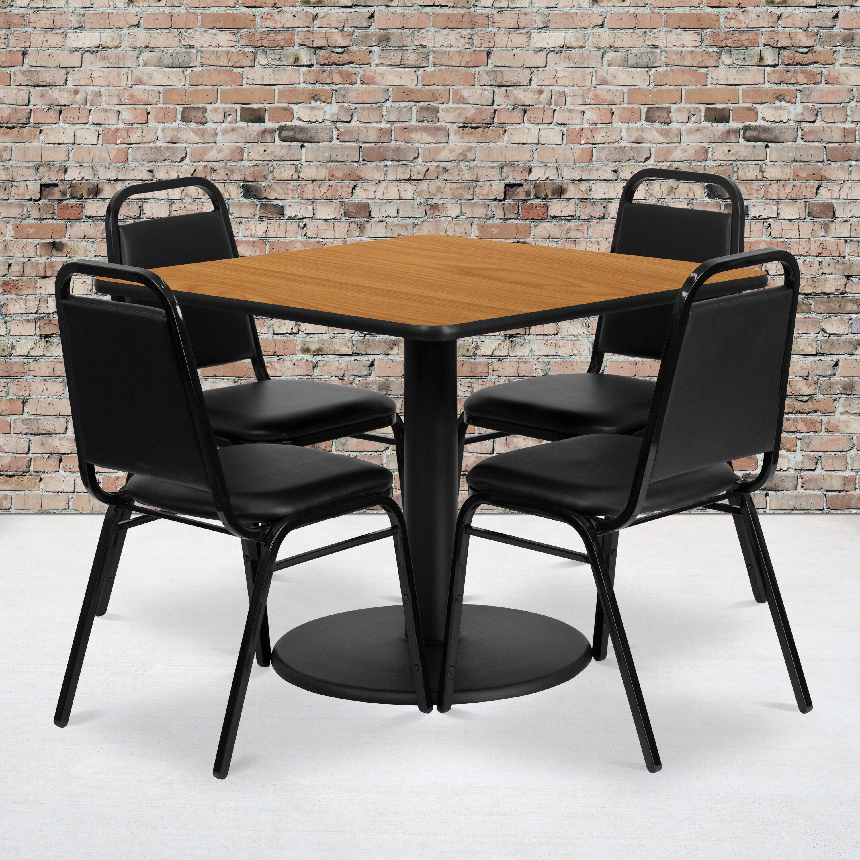Alt View 1. Emma + Oliver - 36" Square Laminate Table Set with 4 Trapezoidal Banquet Chairs - Natural Top/Black Vinyl Seat.