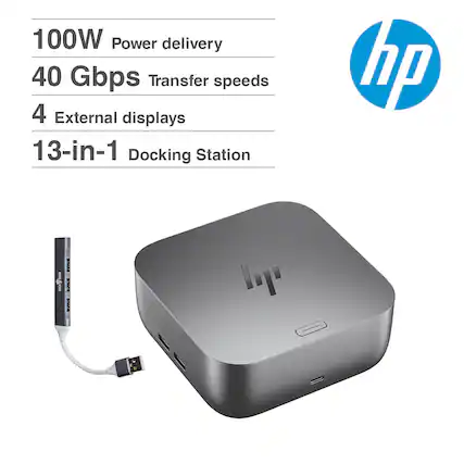 100W Power delivery
40 Gbps Transfer speeds
4 External displays
13-in-1 Docking Station
hp