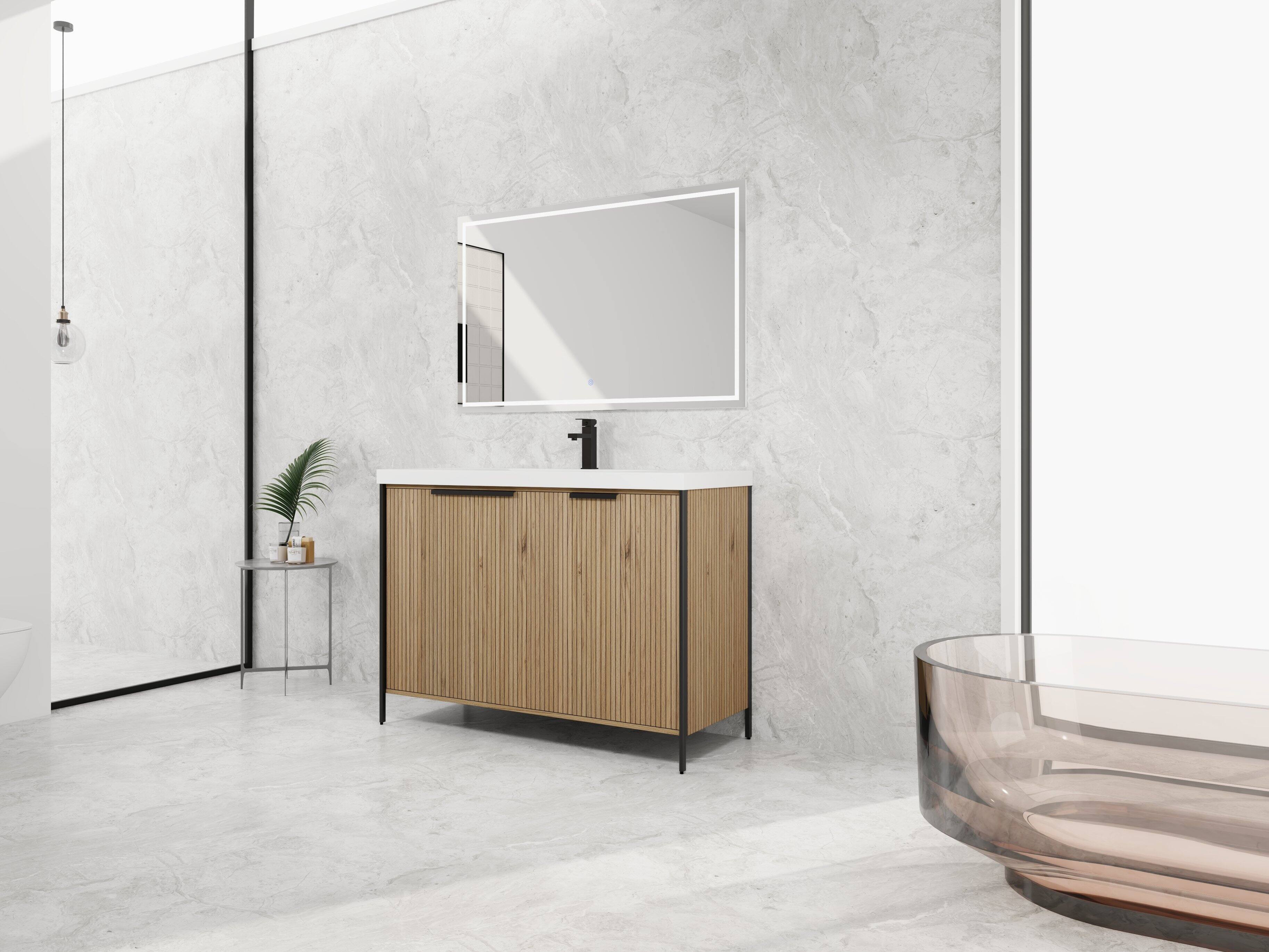 Back. APRILSOUL - 48 inch Freestanding Bathroom Vanity Resin Sink 3 Soft Close Doors KD Packing - Light Coffee.