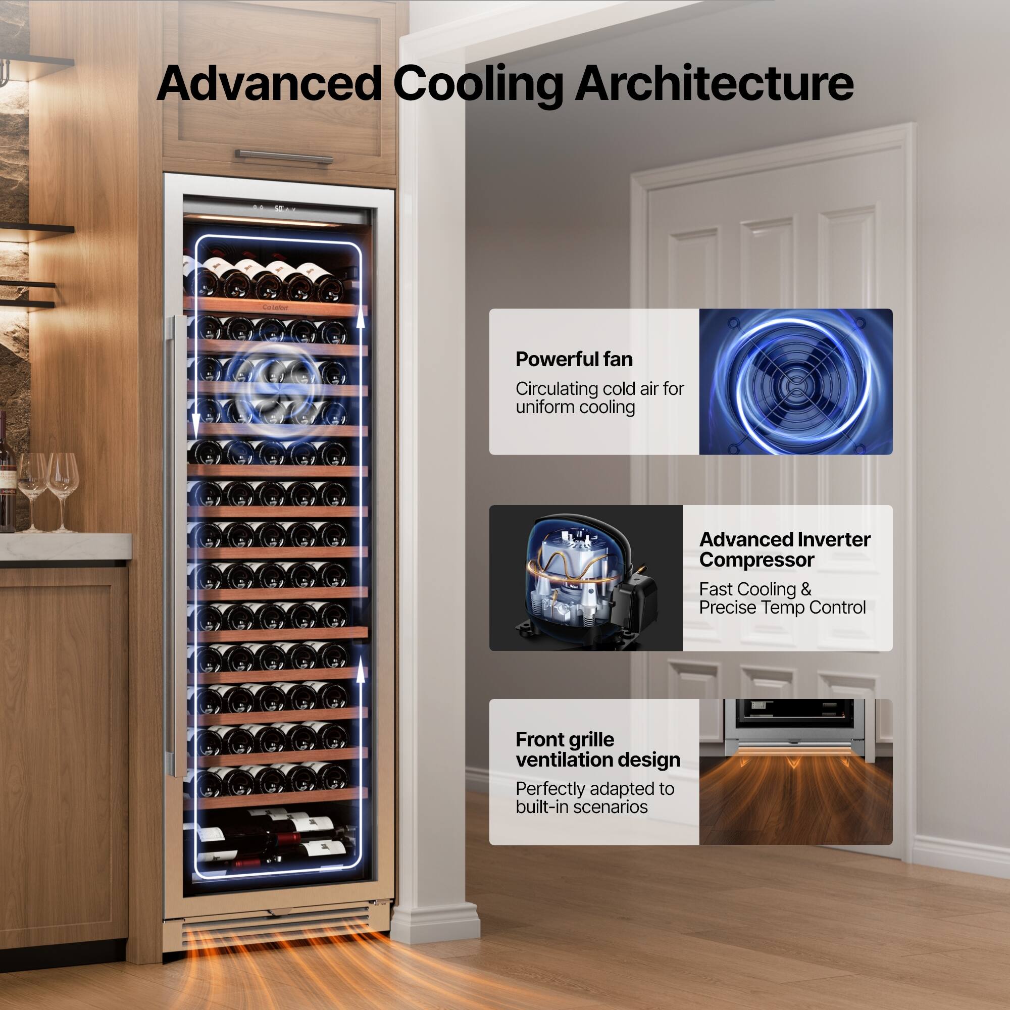 Advanced Cooling Architecture

- Powerful fan
  - Circulating cold air for uniform cooling

- Advanced Inverter Compressor
  - Fast Cooling & Precise Temp Control

- Front grille ventilation design
  - Perfectly adapted to built-in scenarios