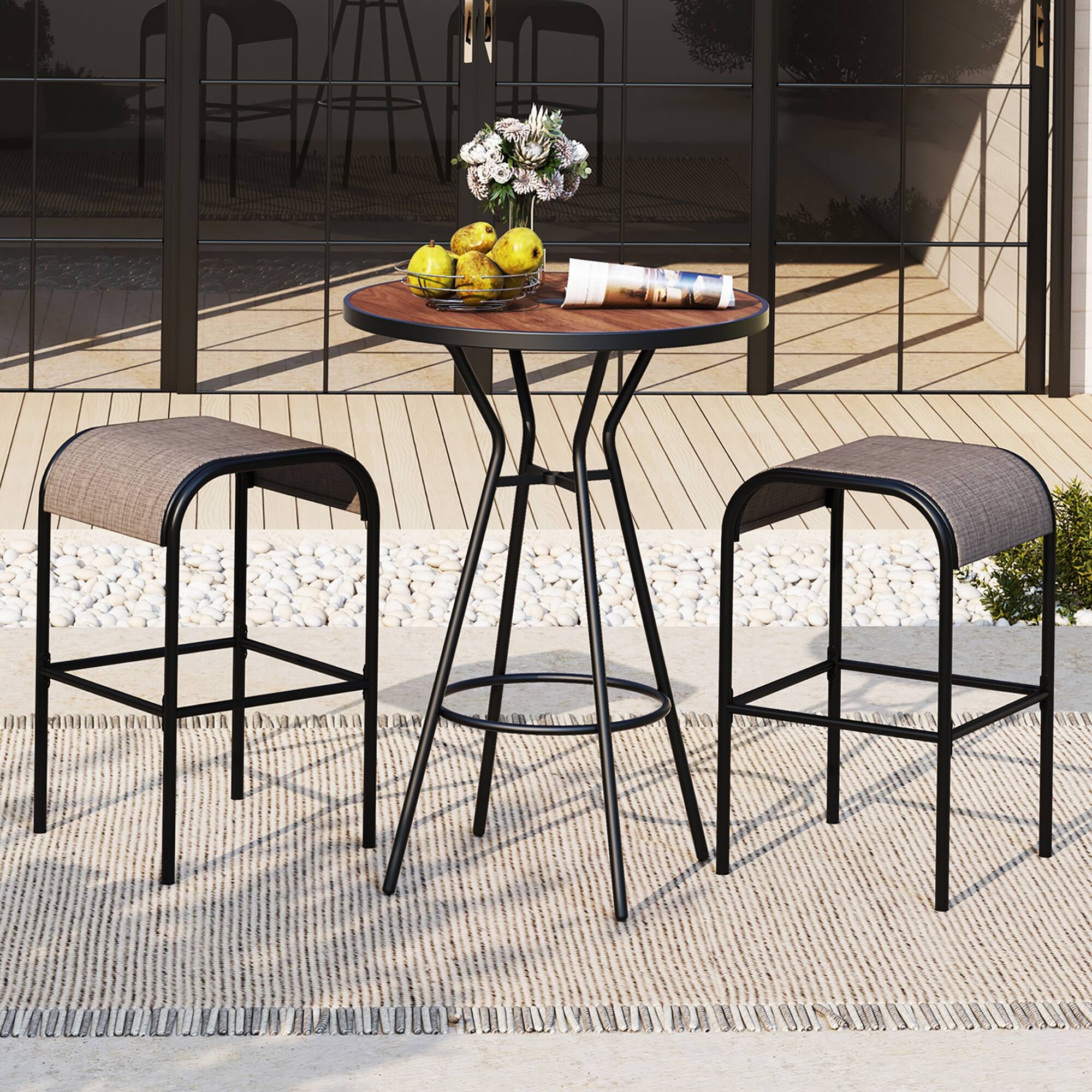 Alt View 1. Gymax - Gymax 3 PCS Patio Bistro Set Round Table w/ 1.6'' Umbrella Hole & 2 Stools Metal Frame - Natural, Black.