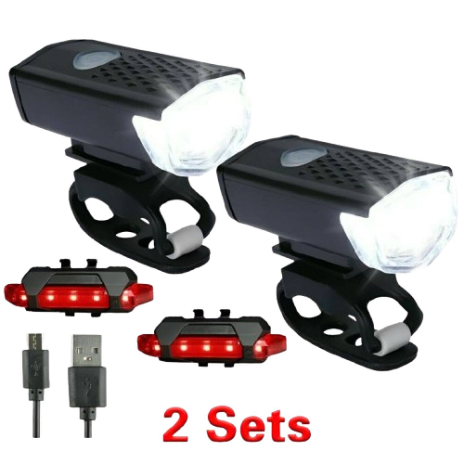 Home Collection - 2 Sets USB Rechargeable LED Bicycle Headlight & Rear Lamp Cycling Light Kit - Black
