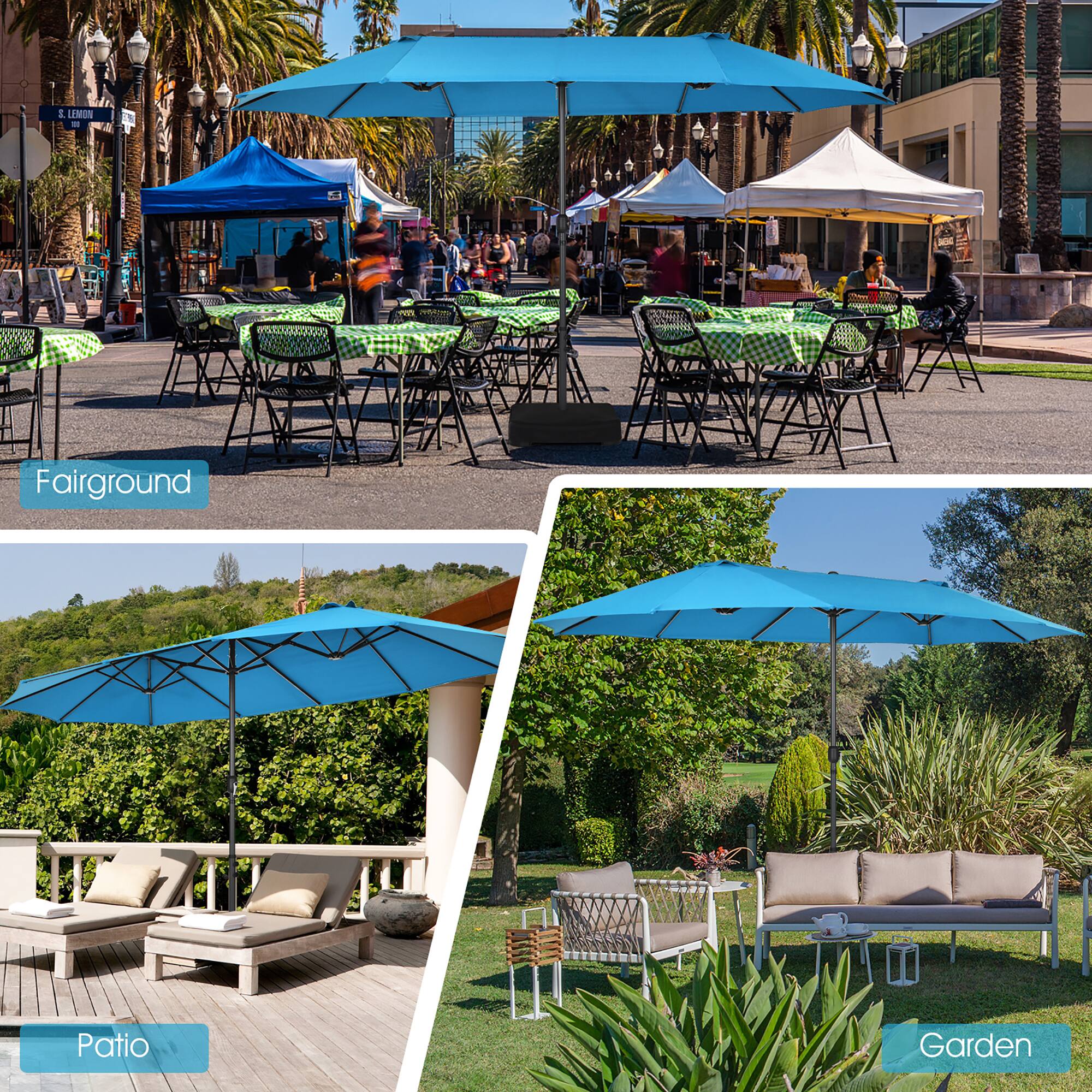 The image features a variety of outdoor furniture and umbrellas set up in different areas. There are several chairs and dining tables arranged under blue umbrellas, creating a comfortable outdoor seating area. The umbrellas are placed in different locations, such as on a patio, in a garden, and at a fairground. The arrangement of the furniture and umbrellas suggests that these areas are designed for people to enjoy outdoor activities, relax, and socialize in a pleasant environment.