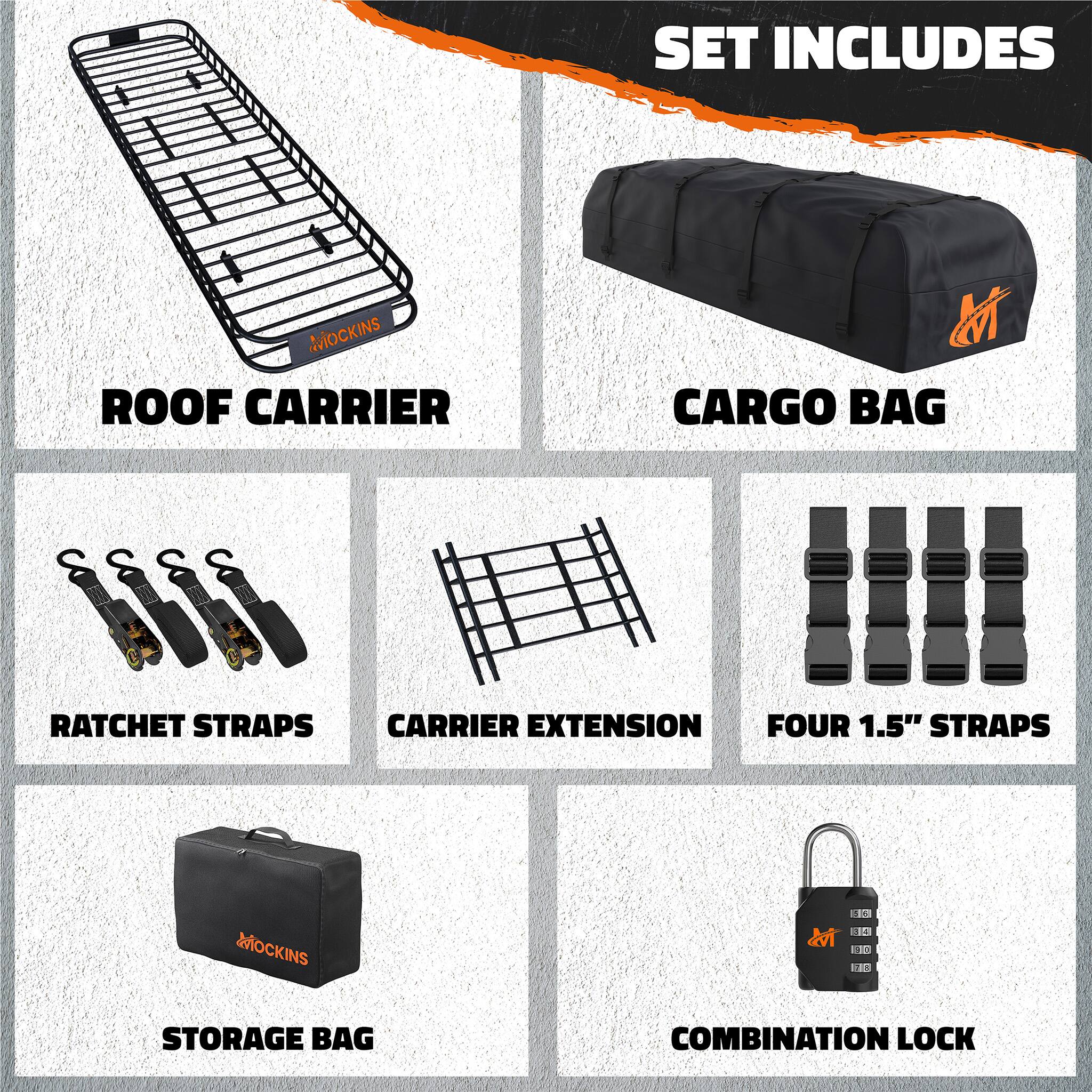 12 SET INCLUDES MOCKINS ROOF CARRIER M CARGO BAG RATCHET STRAPS CARRIER EXTENSION FOUR 1.5" STRAPS MOCKINS 5 12 M 1300 1 STORAGE BAG COMBINATION LOCK