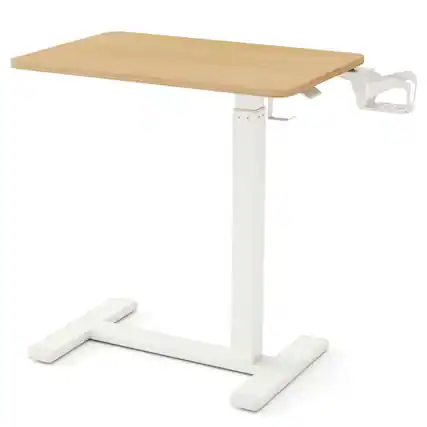 Front. Resenkos - Height-Adjustable Rolling Overbed Table with Cup Holder, Natural - Brown.