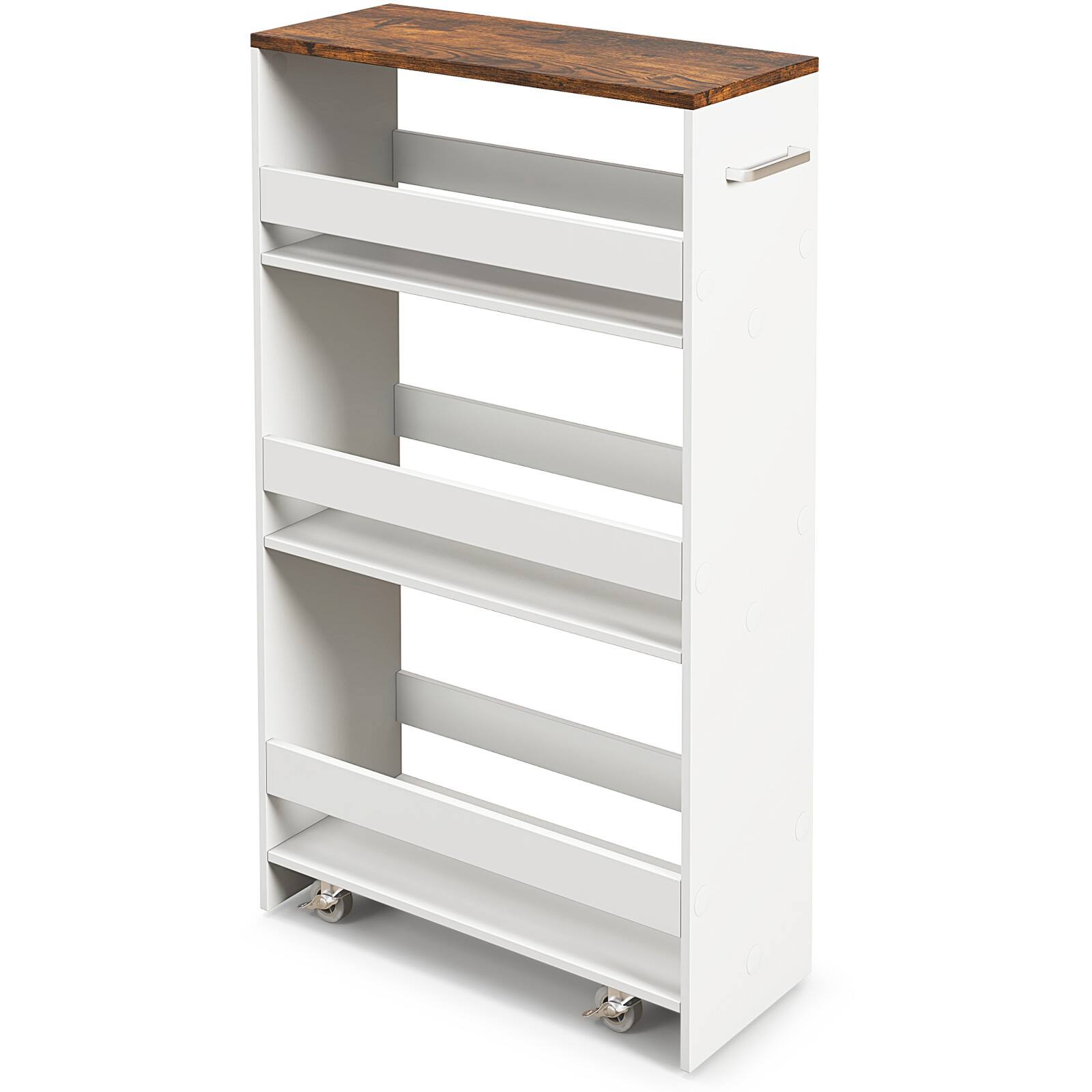 Front. Ecooso - 4-Tier Slim Rolling Storage Cart with Open Shelves and Handle - White & Rustic Brown.