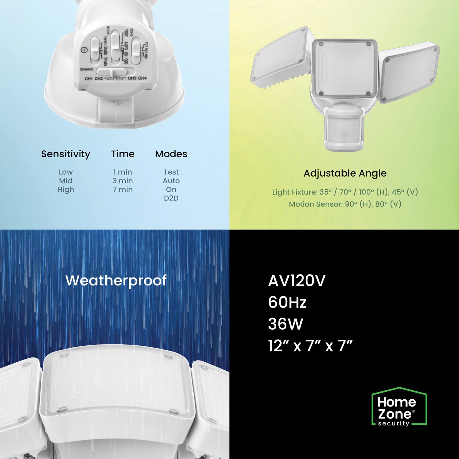 1 GAREL am 1 Jmin min  
I AUTO  
1  
Caes OO Cg CH3 CHA  

Sensitivity: Low, Mid, High  
Time: 1 min, 3 min, 7 min  
Modes: Test, Auto, On, D2D  

Adjustable Angle:  
Light Fixture: 35° / 70° / 100° (H), 45° (V)  
Motion Sensor: 90° (H), 80° (V)  

Weatherproof  
AV120V  
60Hz  
36W  
12" x 7" x 7"  

Home Zone security