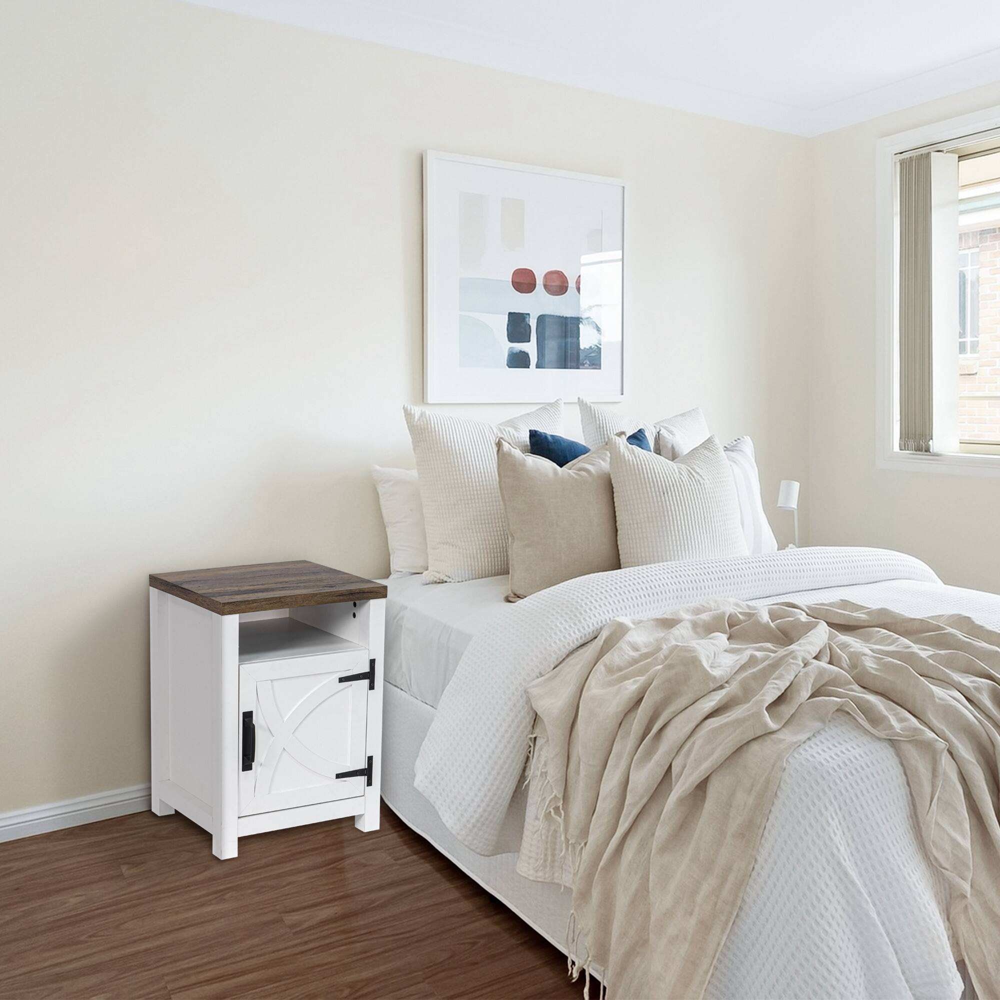 Left. Ihomeadore - Farmhouse Barn Door Nightstand Bedside Table with Adjustable Shelves - White and Brown.