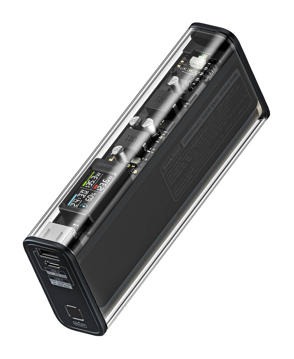 The text on the image reads: "110 SHARGE ME'SEI wE. M9'E DEPS 60% (Safe. Airline wr uoe 110 umpdlrte Mx. 2 Product Ao A AN 140W c I . so m 20000mAh. - na 3 : 3 i no Se S - SHARGE cnuecoe : I CAnaOTy ciO C Dparze sutters - Manu/a/lwer/CEa conacts mater - 1NA M CAAV SA ~ nA Ma UES TUE (RGE)."