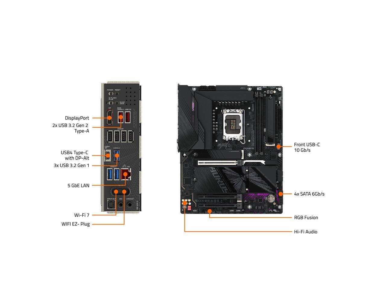 - S 88+ SA - Cadas DisplayPort 2x USB 3.2 Gen 2 Type-A USB4 Type-C with DP-Alt
- 3x USB 3.2 Gen 1 Front USB-C 10 Gb/s
- 5 GbE LAN
- 4x SATA 6Gb/s
- Wi-Fi 7 WIFI EZ- Plug
- RGB Fusion
- Hi-Fi Audio