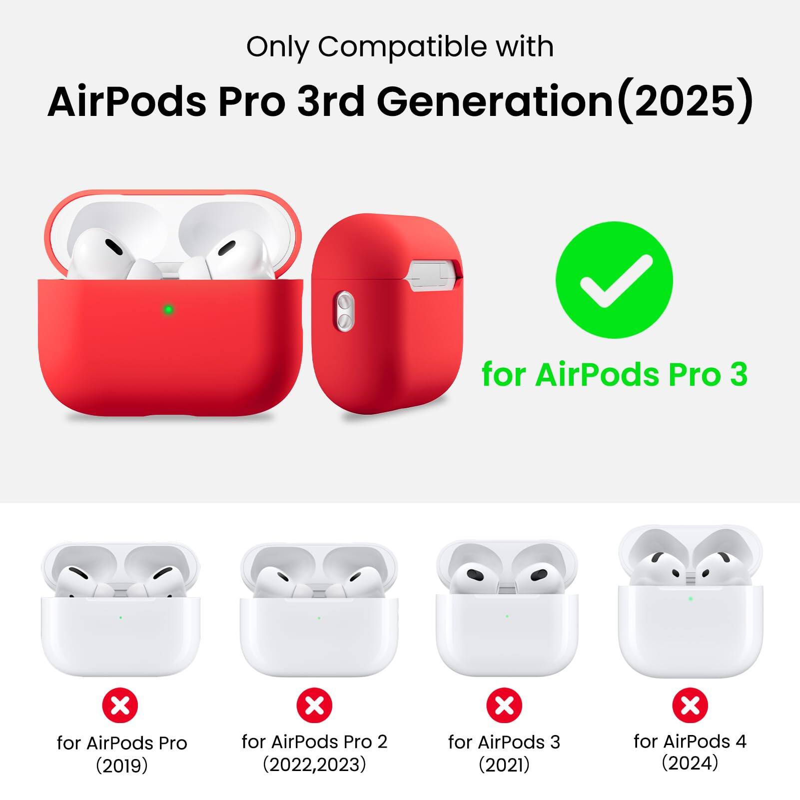 Only Compatible with  
AirPods Pro 3rd Generation (2025)  
for AirPods Pro 3  
for AirPods Pro (2019)  
for AirPods Pro 2 (2022, 2023)  
for AirPods 3 (2021)  
for AirPods 4 (2024)