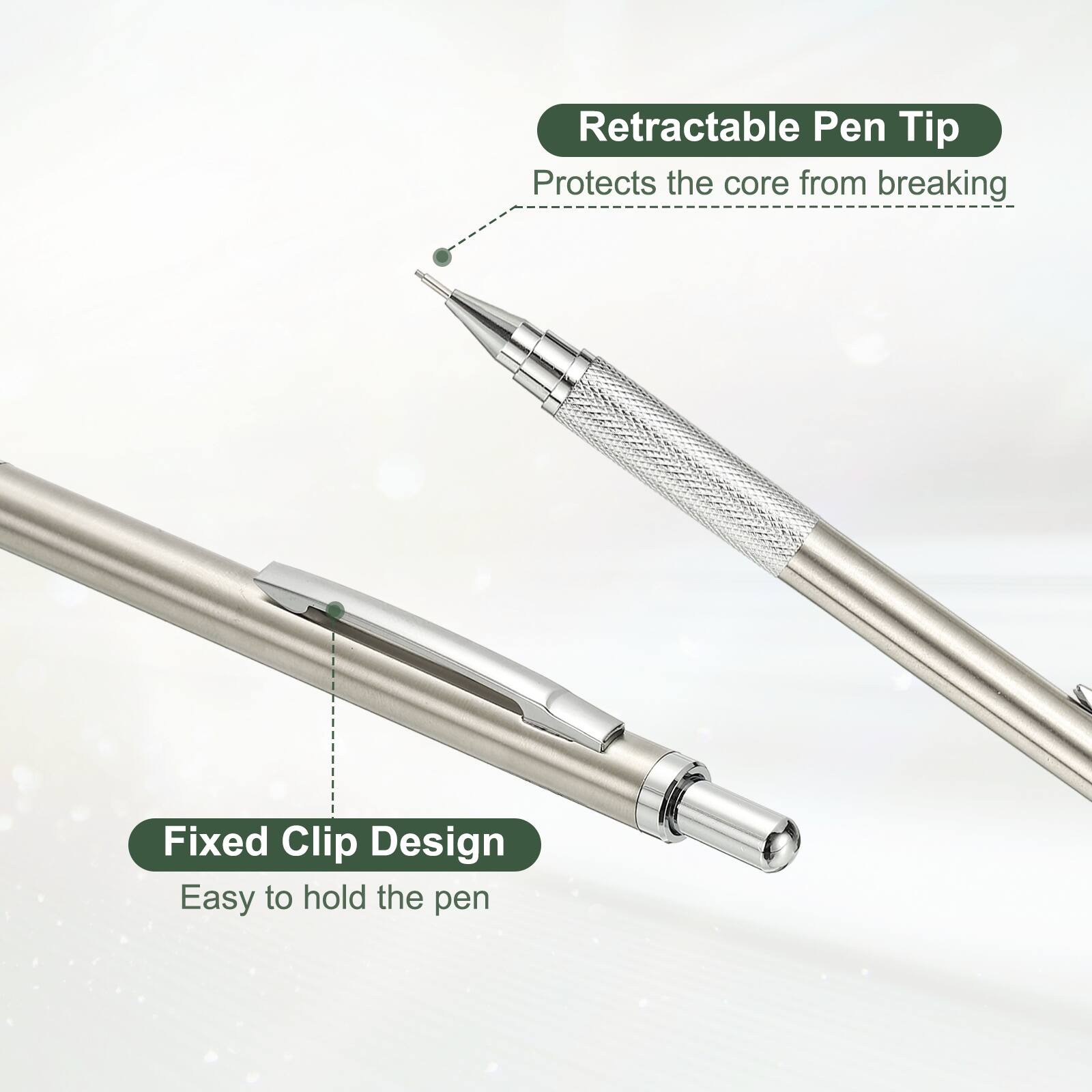 Retractable Pen Tip
Protects the core from breaking

Fixed Clip Design
Easy to hold the pen
