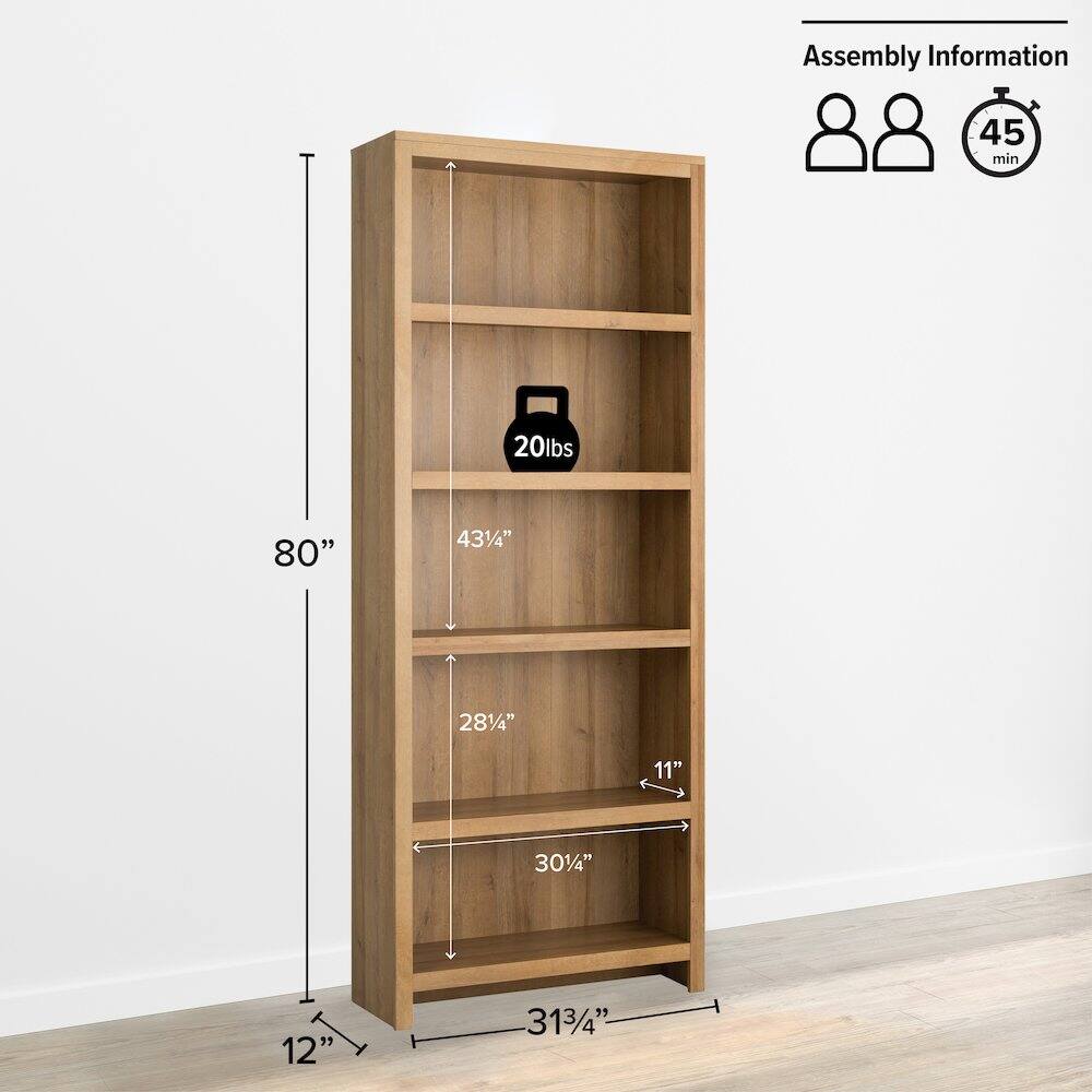 Prepac Moda 5 Tier Tall Bookcase Engineered Wood Bookshelf with Storage ...