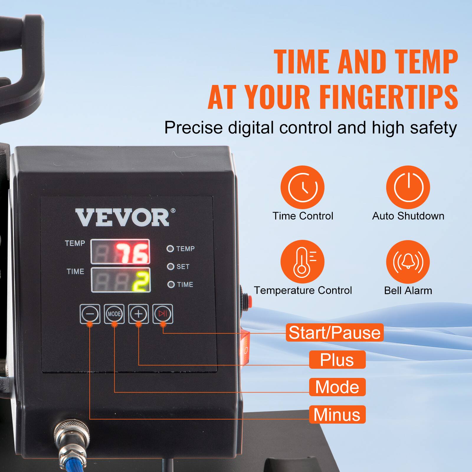 TIME AND TEMP AT YOUR FINGERTIPS  
Precise digital control and high safety

VEVOR

TEMP 76  
TIME 88:2

Time Control  
Auto Shutdown  
Temperature Control  
Bell Alarm

Start/Pause  
Plus  
Mode  
Minus