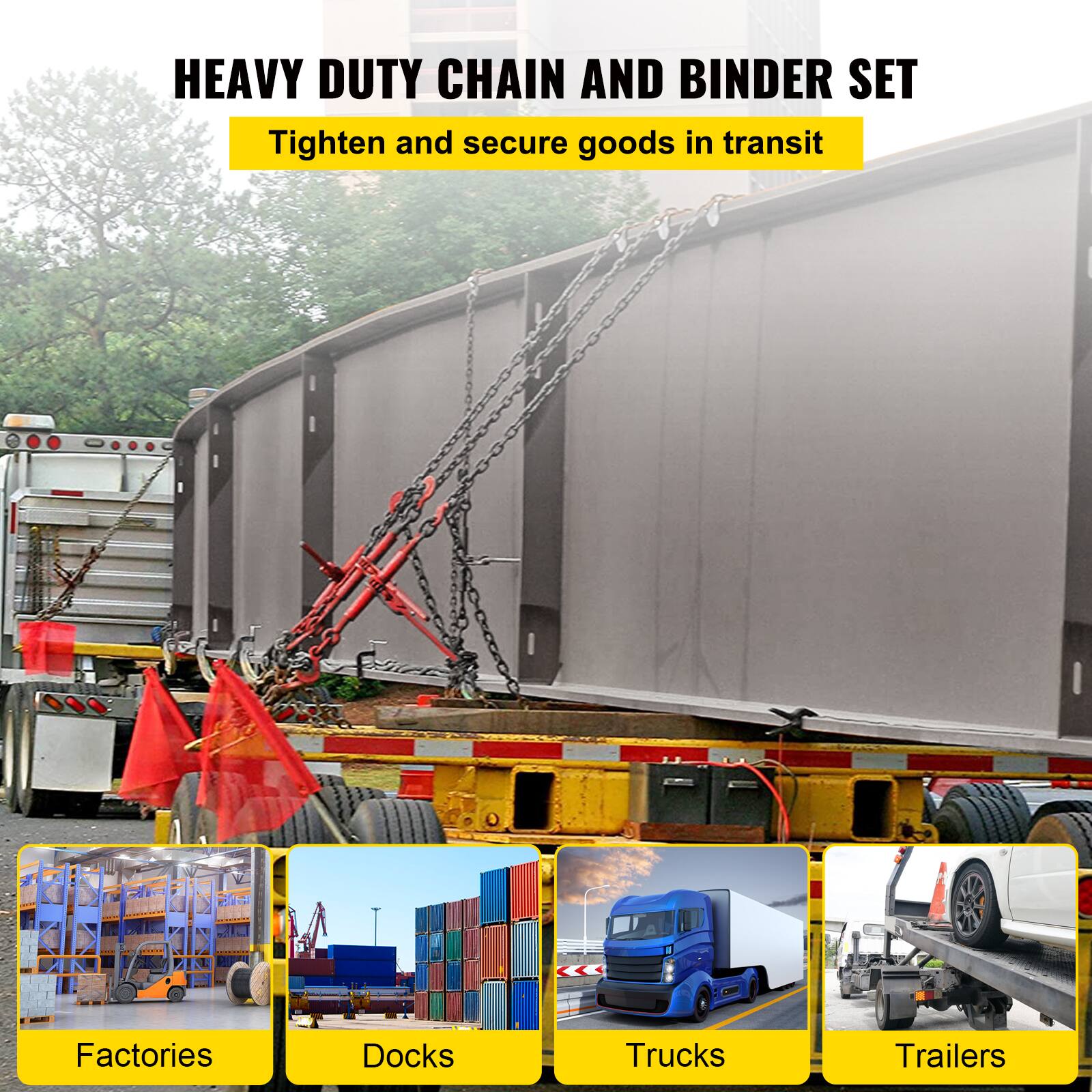 HEAVY DUTY CHAIN AND BINDER SET  
Tighten and secure goods in transit  

Factories  
Docks  
Trucks  
Trailers