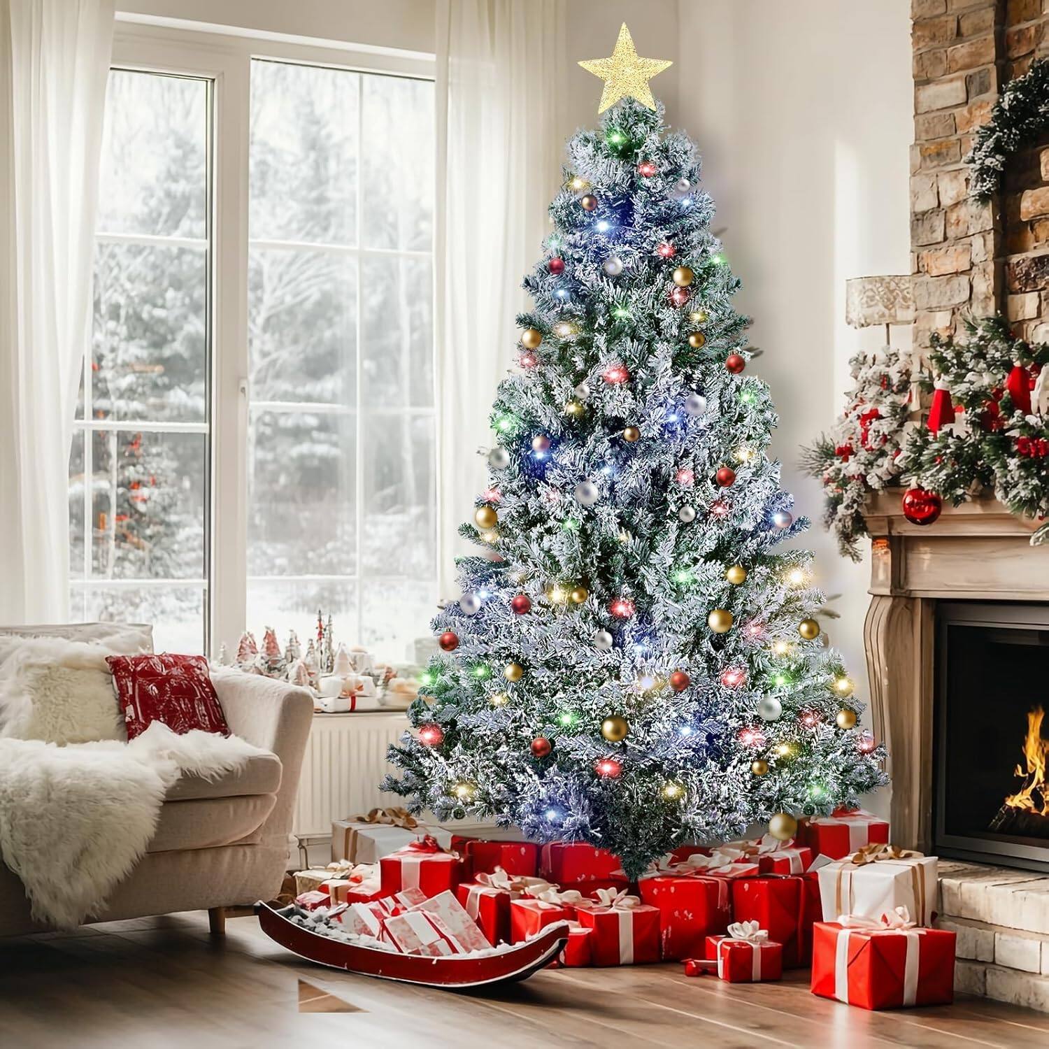 Angle. Jojoka - 6.5ft Snow Flocked Pre-Lit Christmas Tree with 470 Color-Changing Lights & 8 Lighting Modes, 720 Branch Tips - 720 Branch Tips 470 Light.