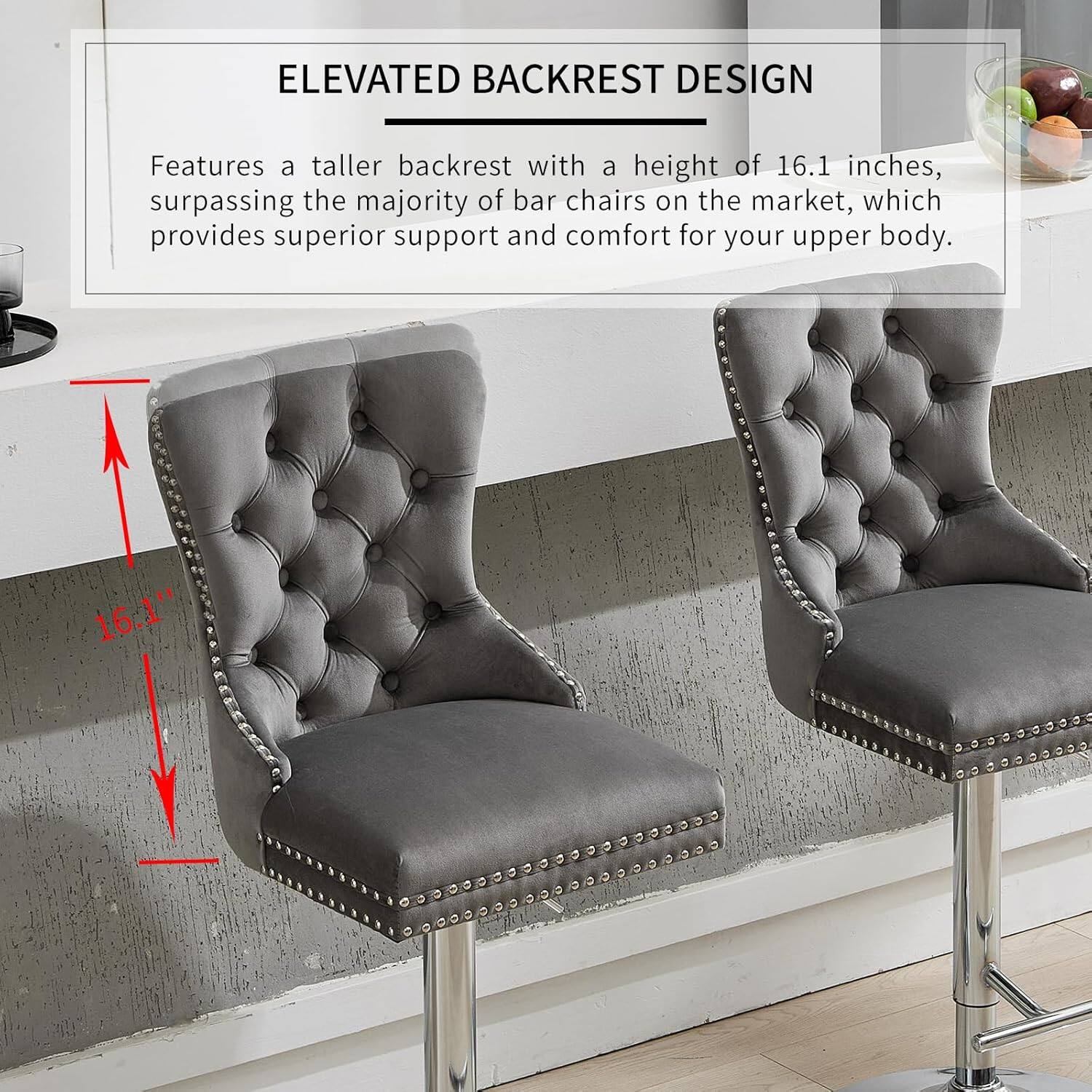 ELEVATED BACKREST DESIGN

Features a taller backrest with a height of 16.1 inches, surpassing the majority of bar chairs on the market, which provides superior support and comfort for your upper body.