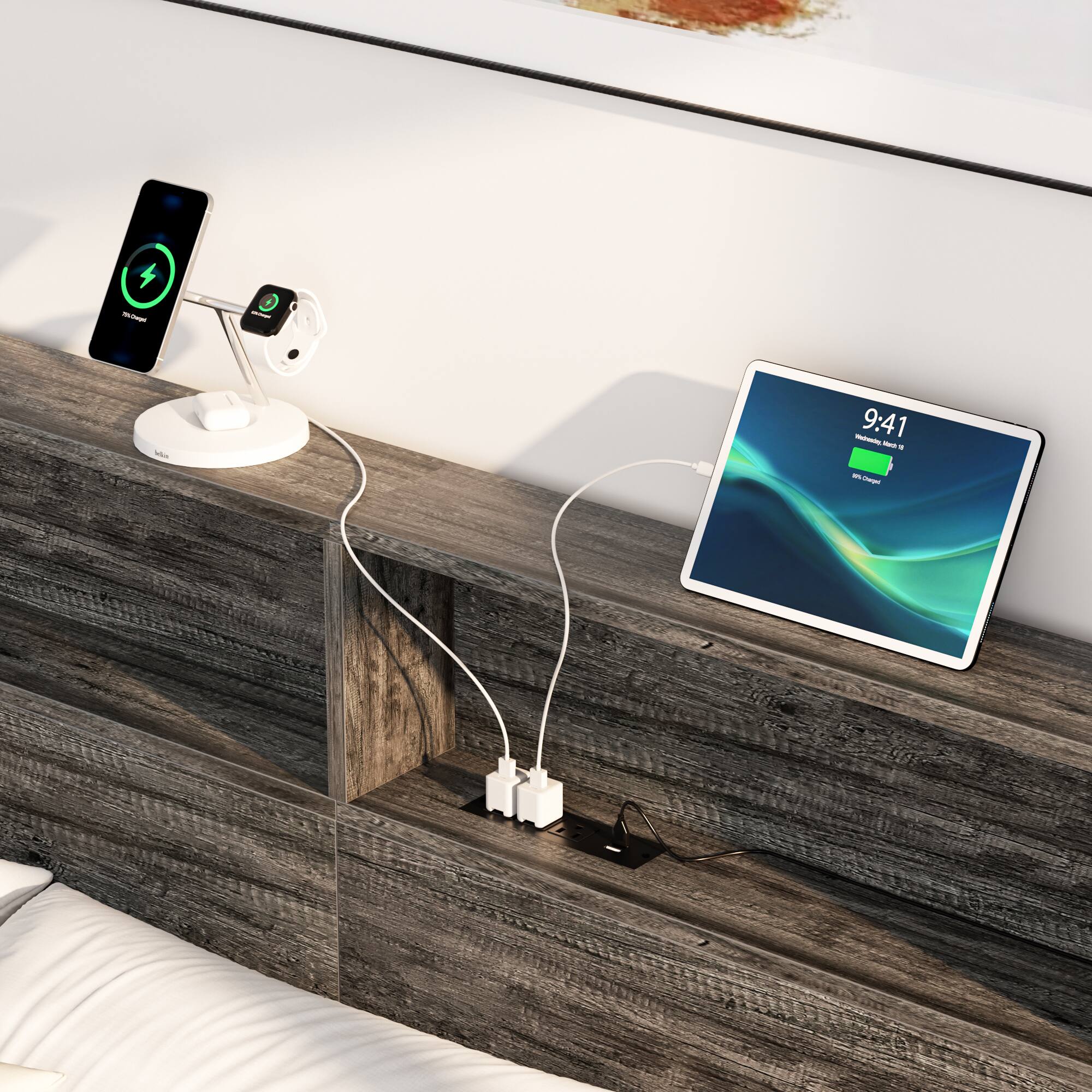 Alt View 1. Aheaplus - Industrial Metal Bed Frame: Storage Headboard / Charging, LED Lights, Steel Slats, No Box Spring, Easy Assembly - Black Oak.