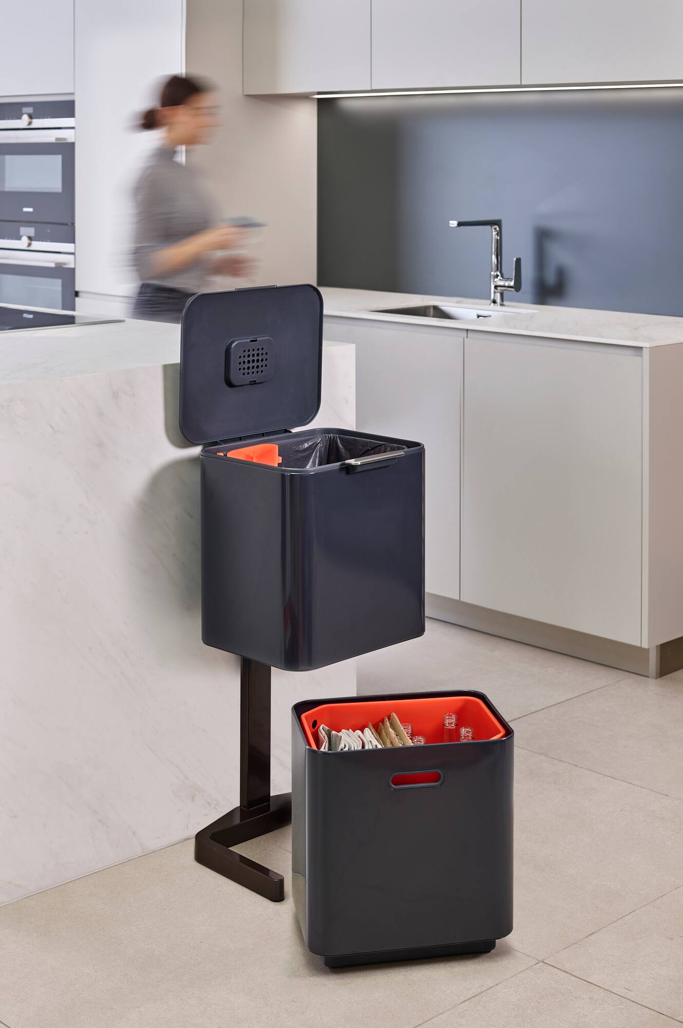 Alt View 1. Joseph Joseph - Totem Max 60-liter Waste & Recycling Dual Kitchen Trash Can - Graphite.
