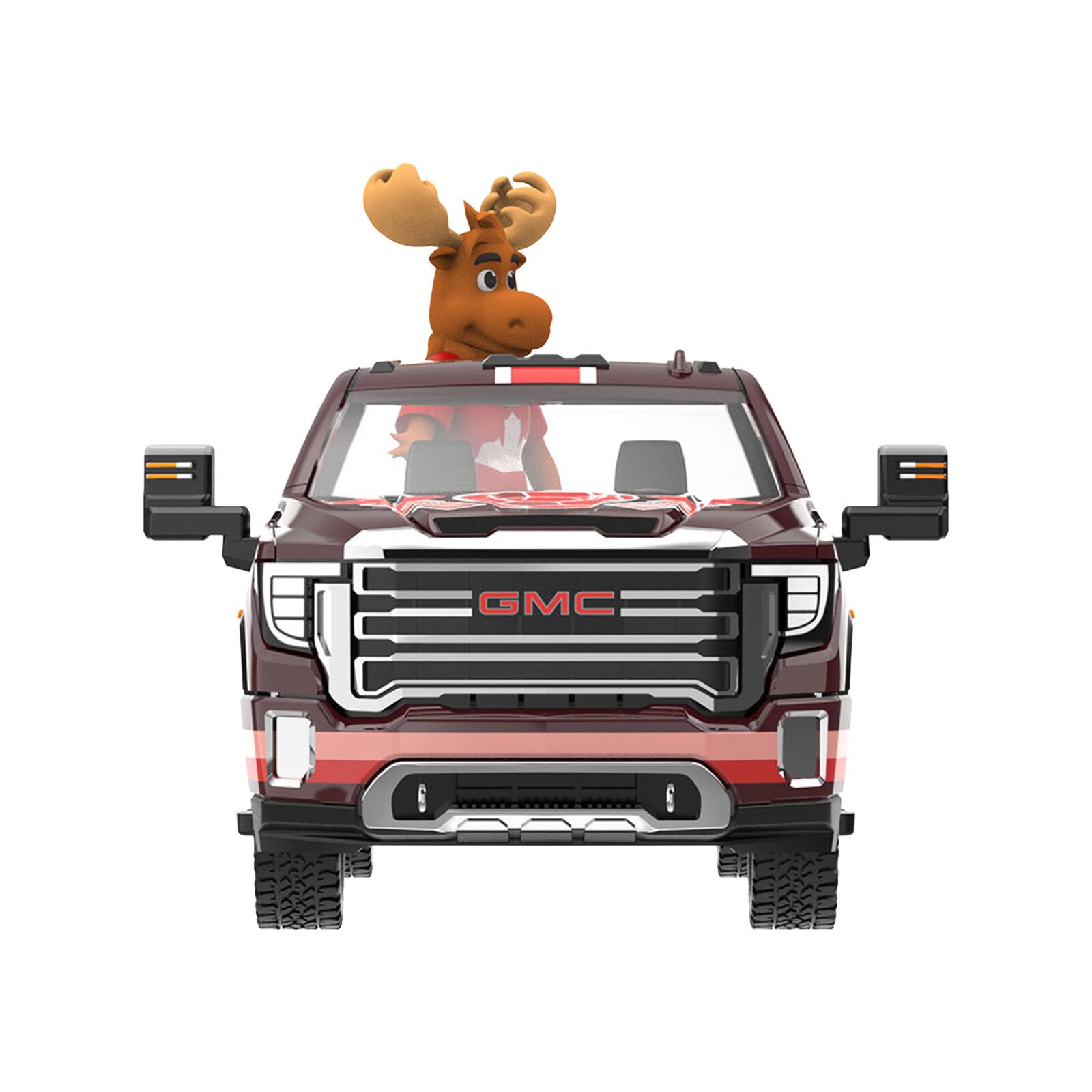 Alt View 3. Greenlight - 2022 GMC Sierra 3500 HD Truck Dark Red with Canadian Soccer Graphics with Moose Figure 1/64 Model Car by Greenlight.