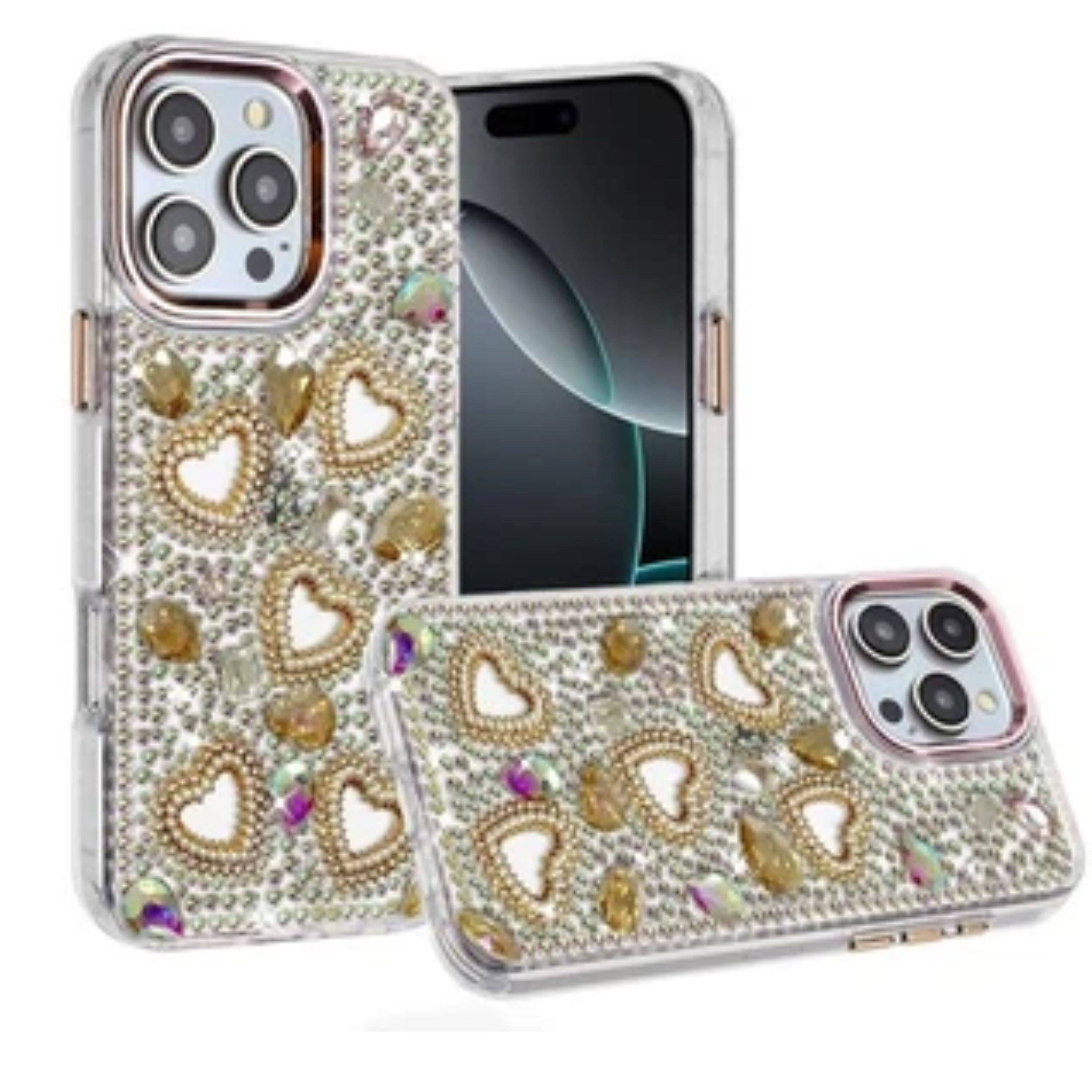 Left. Kitcheniva - Hearts 3D Jewel Phone Case With Tempered Glass For iPhone 16 Pro Max Gold - Gold.