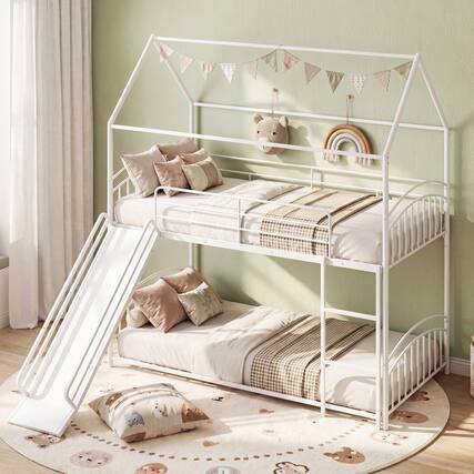 Front. Gymax - Gymax House Bunk Bed Frame w/ Metal Slats Reversible Ladder & Slide for Bedroom White - White.