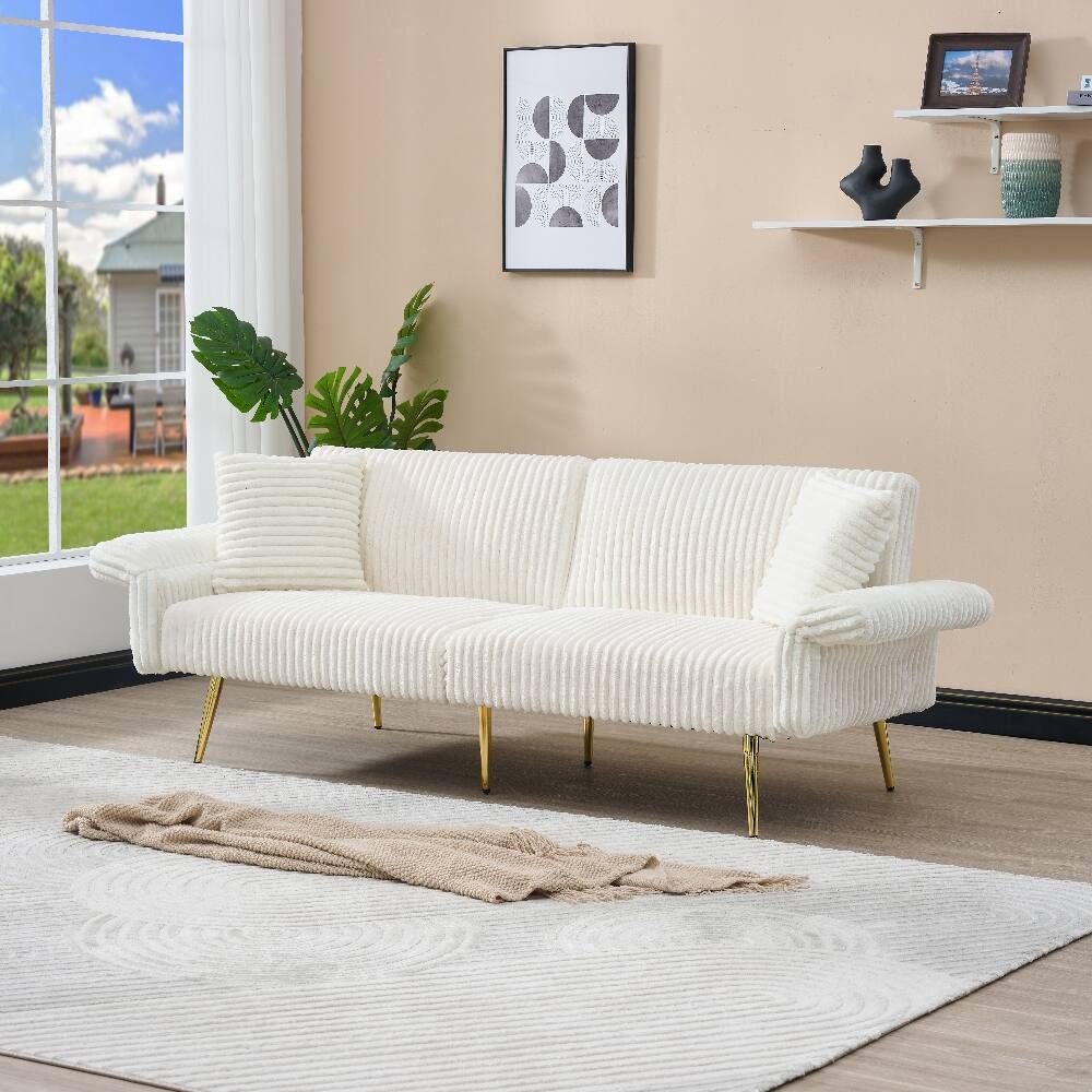 Left. Loheer - Loheer 79 Inch Corduroy Sofa Bed Foldable Double Sleeper Sofa with Adjustable Armrests for Small Spaces - White.