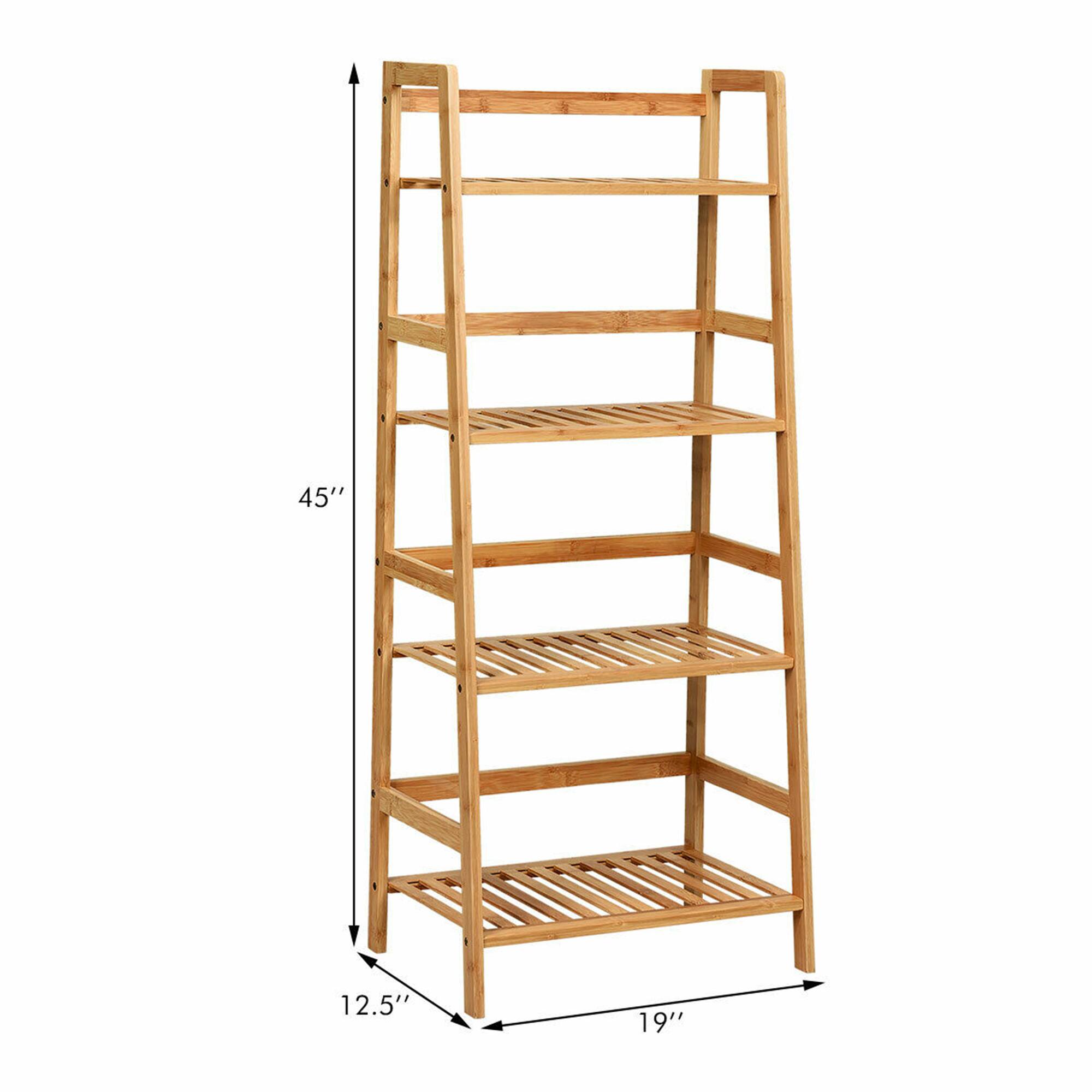 The image shows a wooden shelf that is 45 inches tall and 12.5 inches wide. The shelf has a total of 19 shelves.