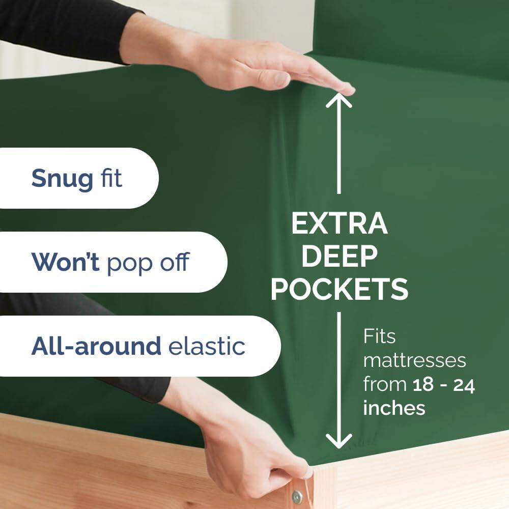 Snug fit  
Won't pop off  
All-around elastic  
EXTRA DEEP POCKETS  
Fits mattresses from 18 - 24 inches