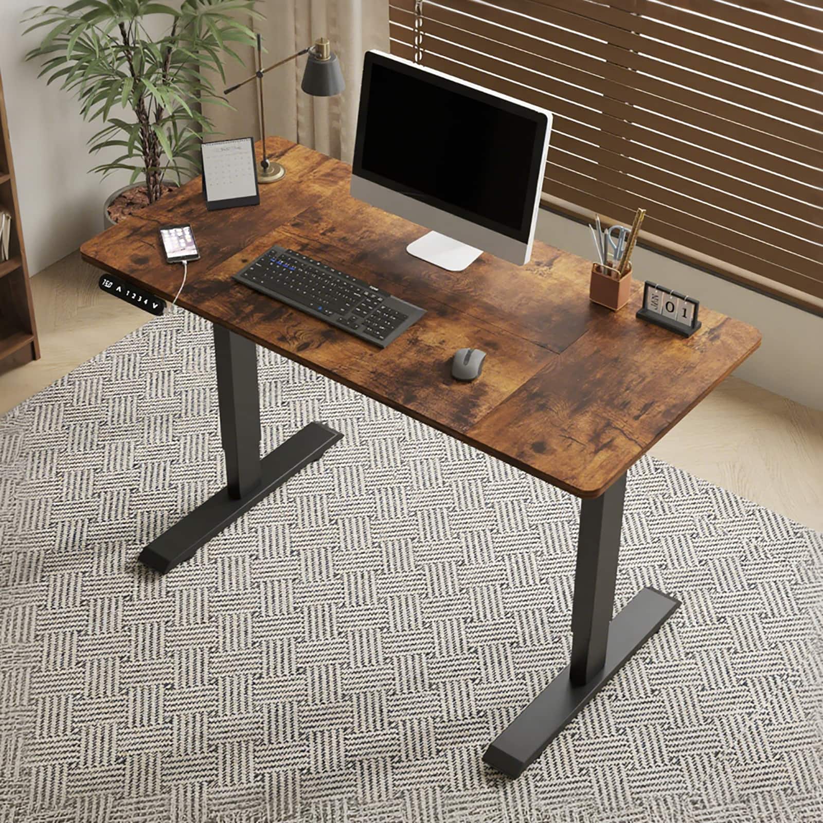 Chateau Abodes - 55" Electric Standing Desk with Adjustable Height, Real Wood Top & USB/LED, 4 Memory Buttons - Brown Leopard