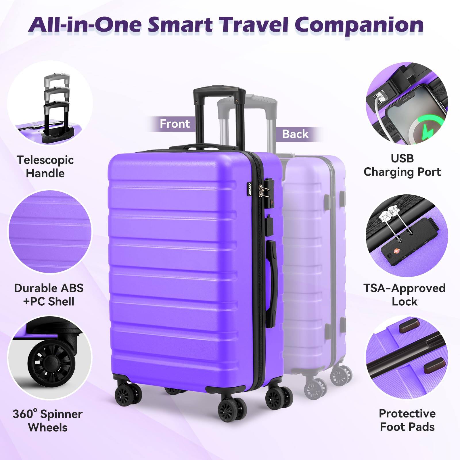 All-in-One Smart Travel Companion

- Telescopic Handle
- Durable ABS + PC Shell
- 360° Spinner Wheels
- TSA-Approved Lock
- USB Charging Port
- Protective Foot Pads
