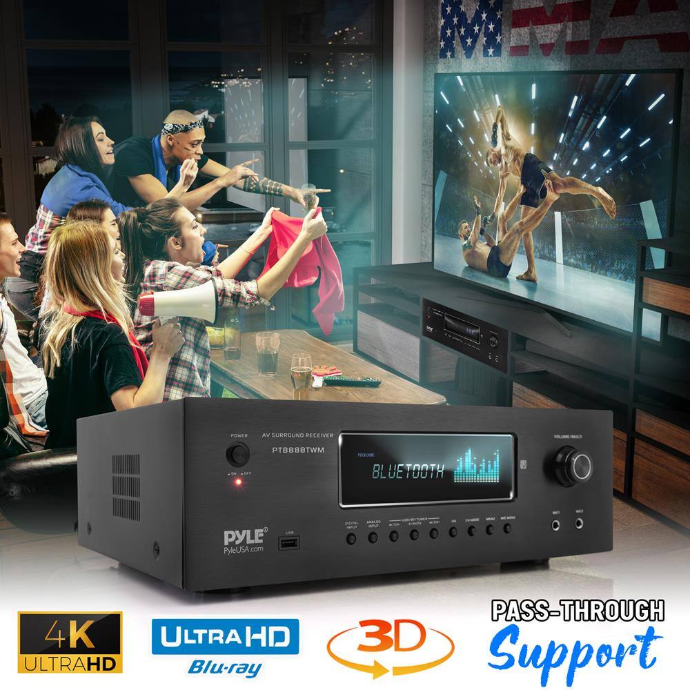 PYLE  
PyleUSA.com  

4K ULTRAHD  
ULTRAHD Blu-ray  
3D Support  
PASS-THROUGH Support  

AV SURROUND RECEIVER  
PT88BTWM  

BLUETOOTH