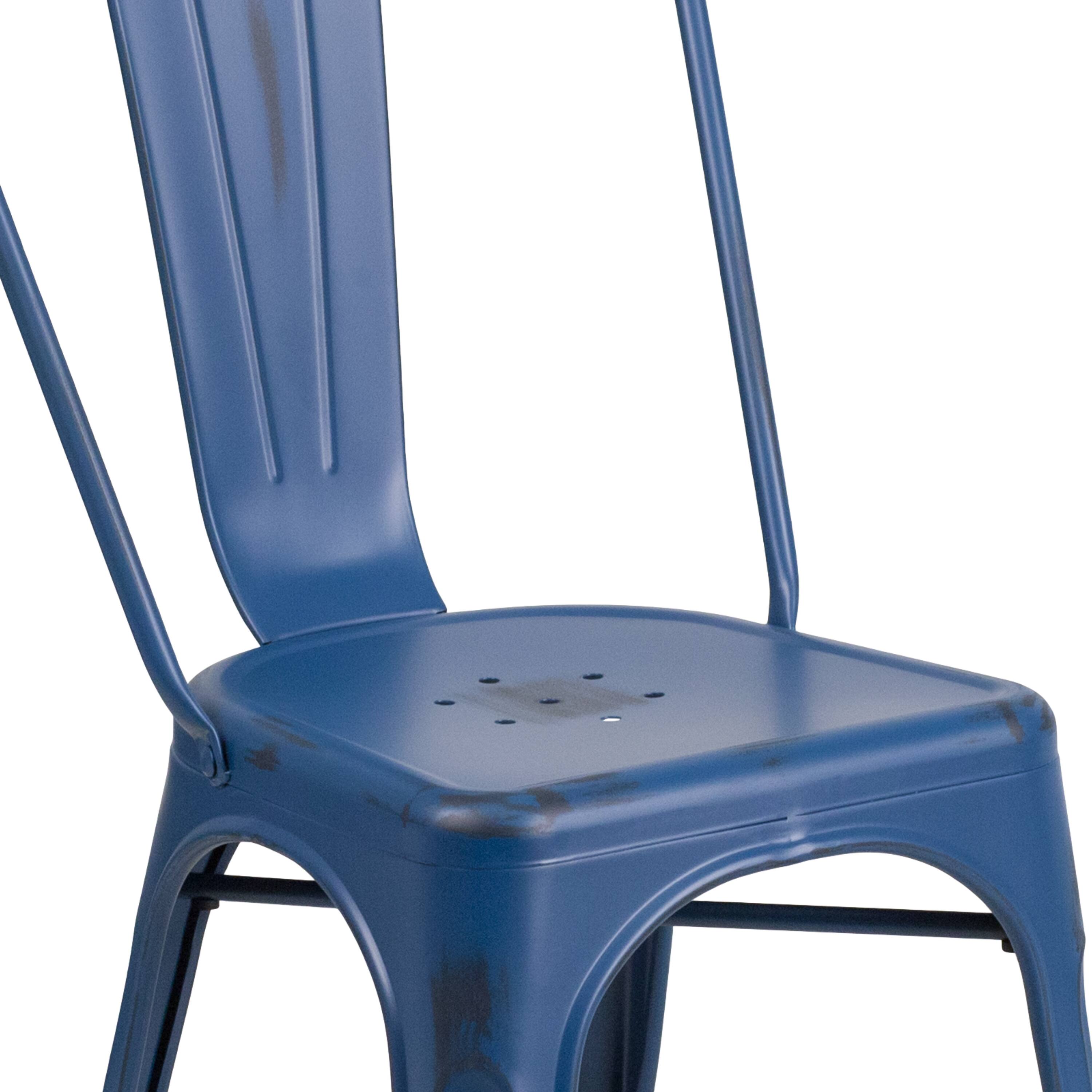 Alt View 8. Emma + Oliver - Commercial Grade 4 Pack Distressed Metal Indoor-Outdoor Stackable Chair - Antique Blue.