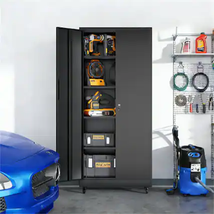 Front. HTUTWOO - 71"H Metal Garage Storage Cabinet with Wheels and Lock – Duty Rolling Cabinet, 4 Adjustable Shelves, 3-Point Locking - Black.
